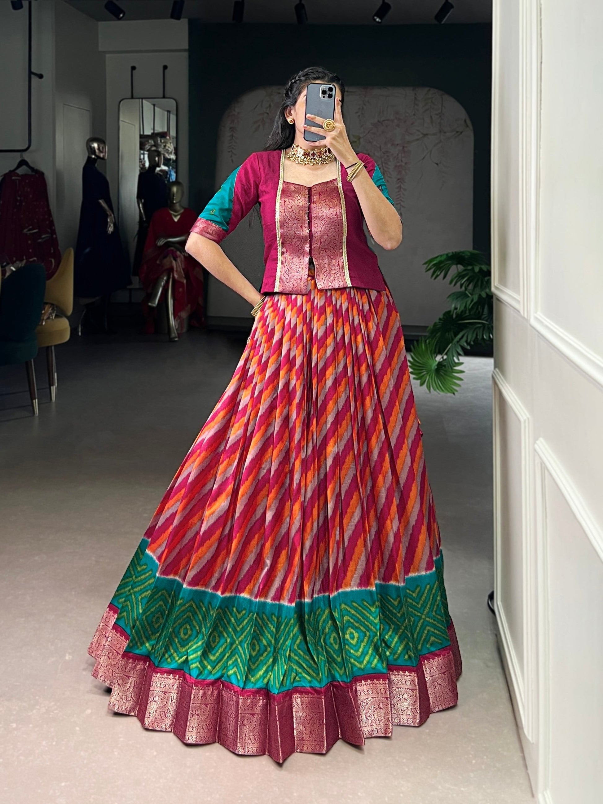 Lorenvalley Fashion Red Tasar Silk Leheriya Print With Zari Weaving Work Lehenga Choli 