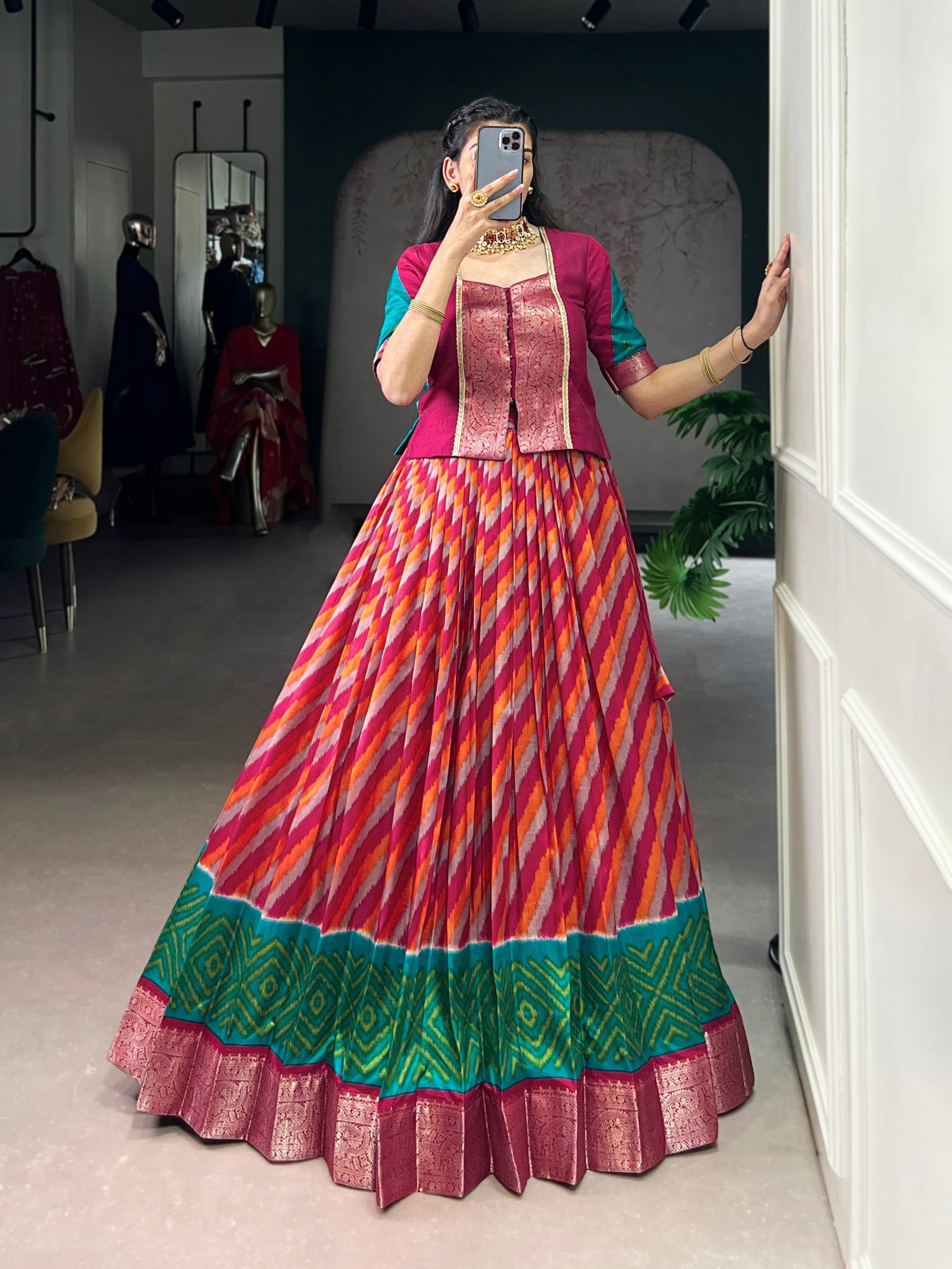 Lorenvalley Fashion Red Tasar Silk Leheriya Print With Zari Weaving Work Lehenga Choli 
