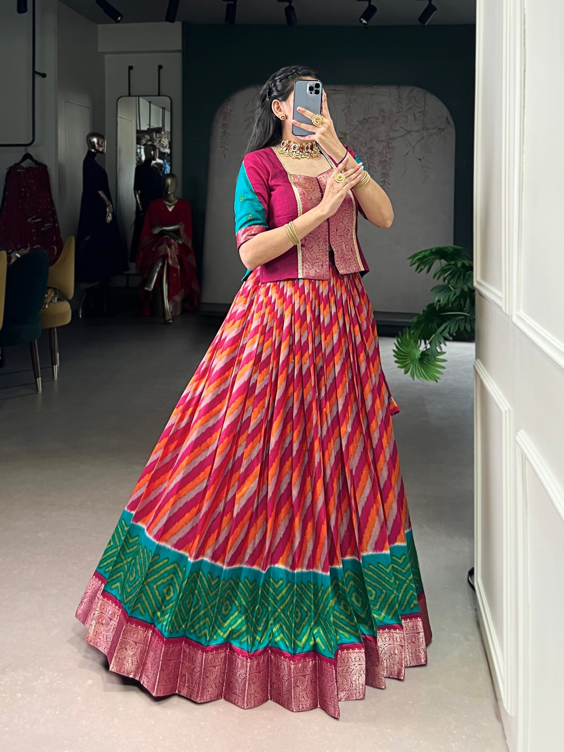 Lorenvalley Fashion Red Tasar Silk Leheriya Print With Zari Weaving Work Lehenga Choli 