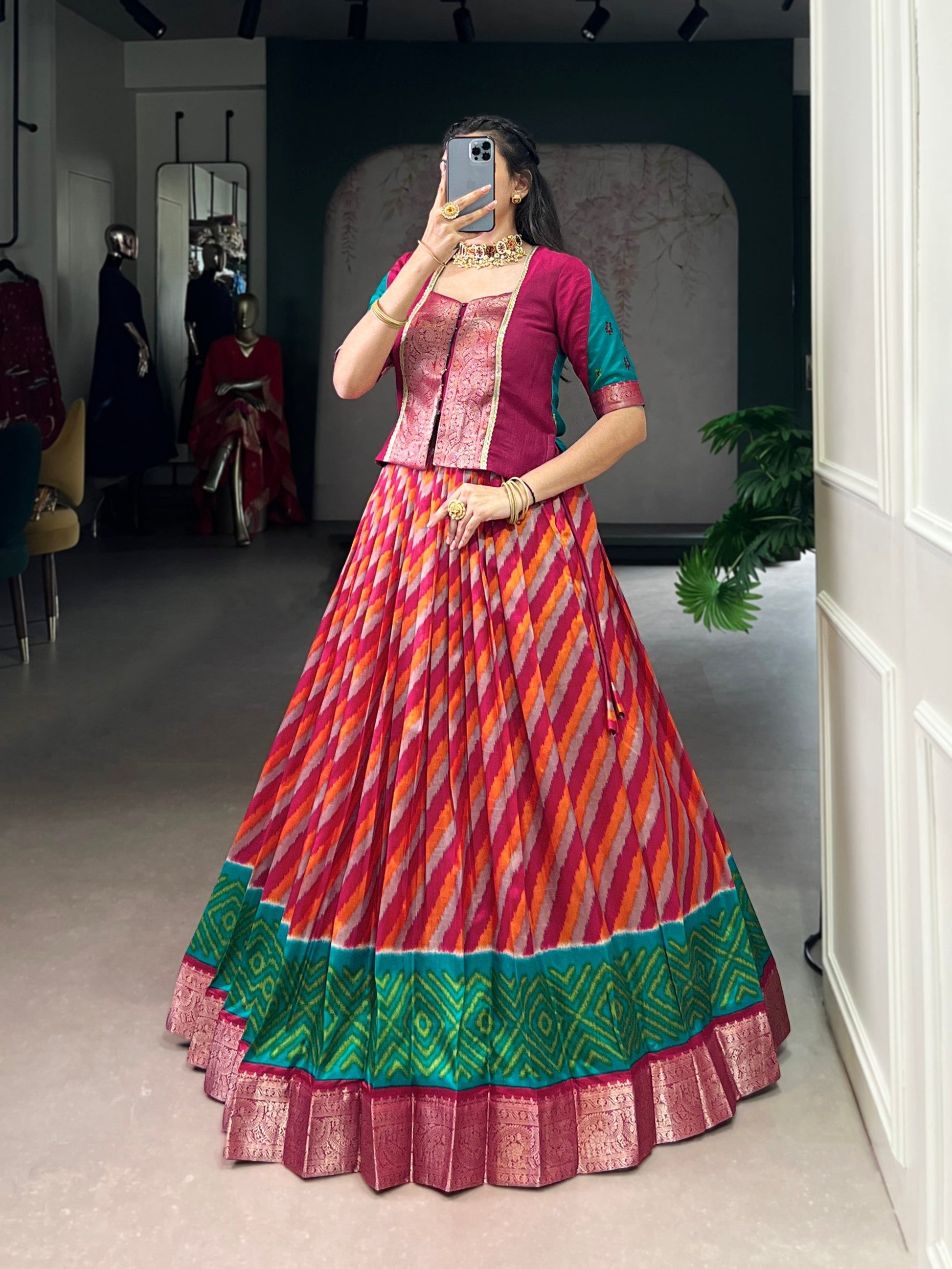 Lorenvalley Fashion Red Tasar Silk Leheriya Print With Zari Weaving Work Lehenga Choli 