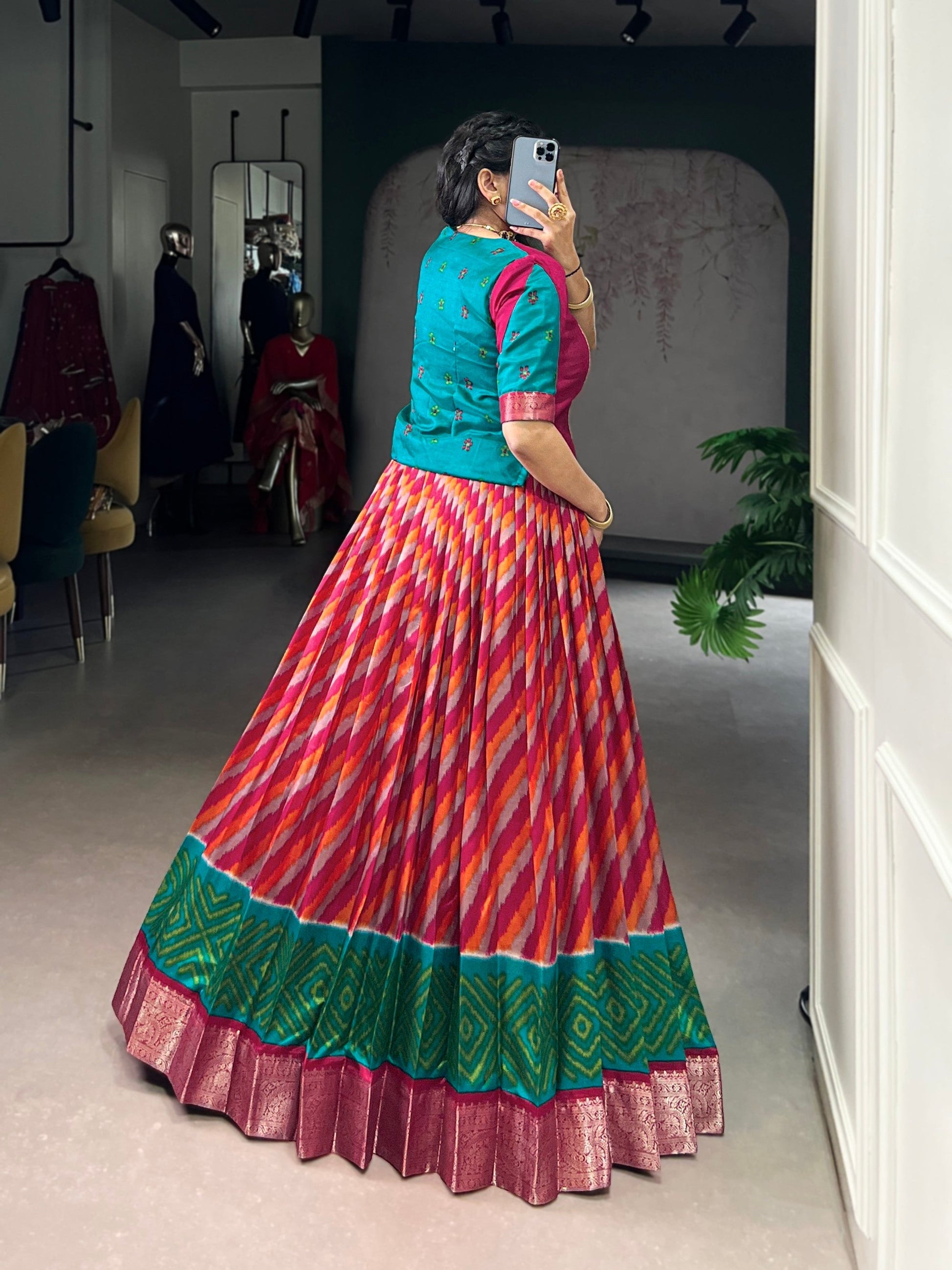 Lorenvalley Fashion Red Tasar Silk Leheriya Print With Zari Weaving Work Lehenga Choli 
