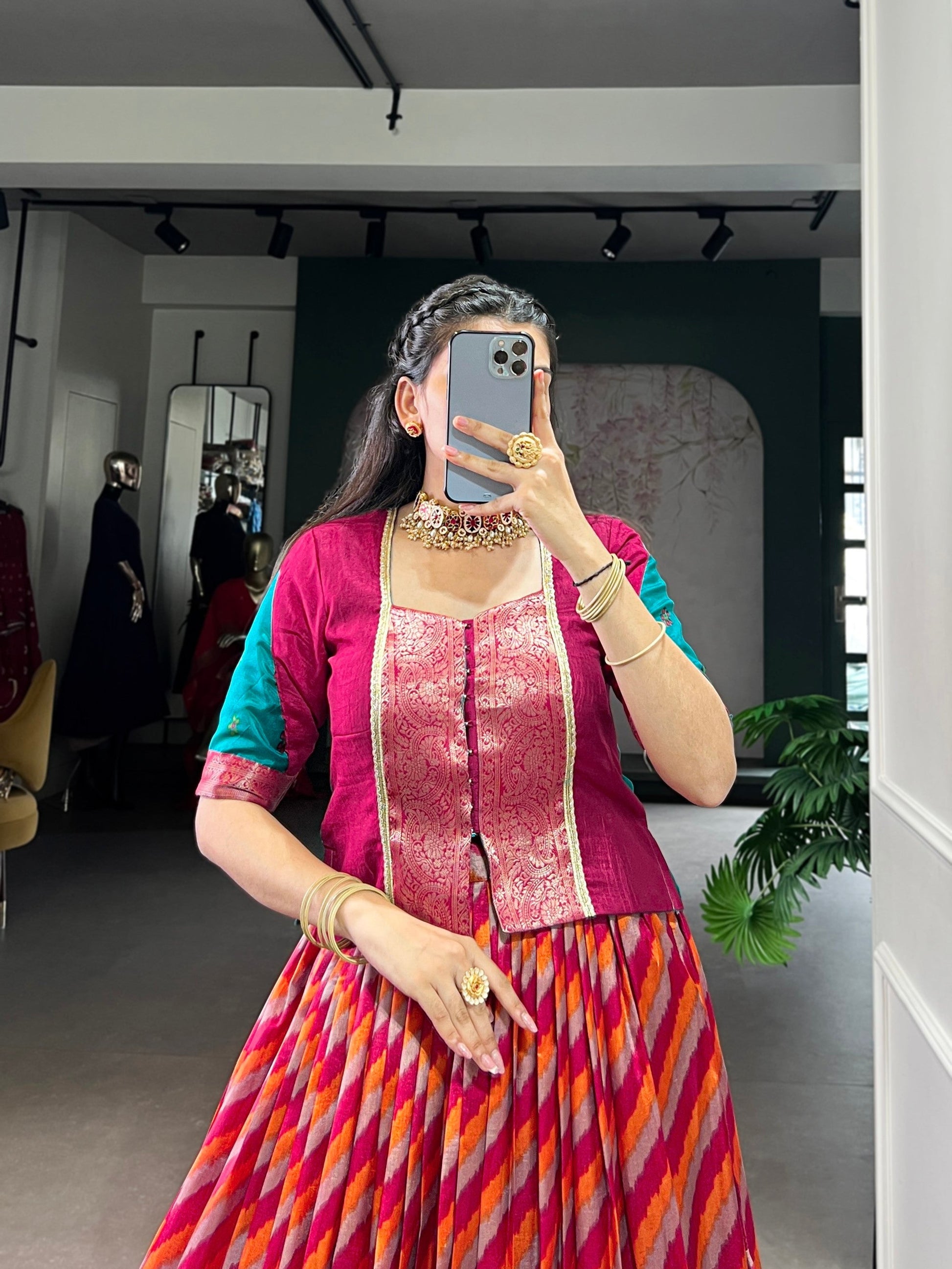 Lorenvalley Fashion Red Tasar Silk Leheriya Print With Zari Weaving Work Lehenga Choli 