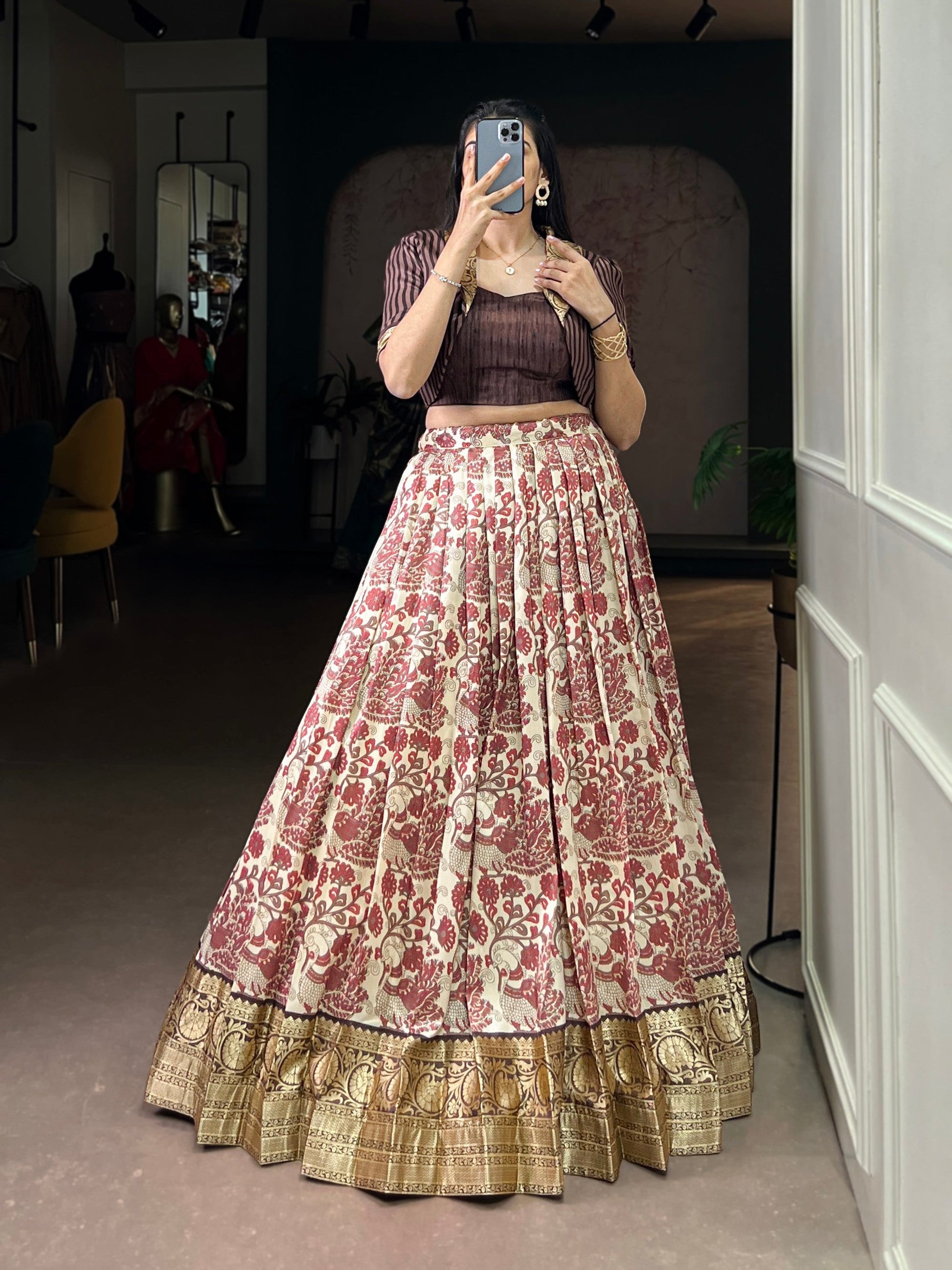 Lorenvalley Fashion Multicolor Tasar Silk Printed with Viscose Border Lehenga Choli