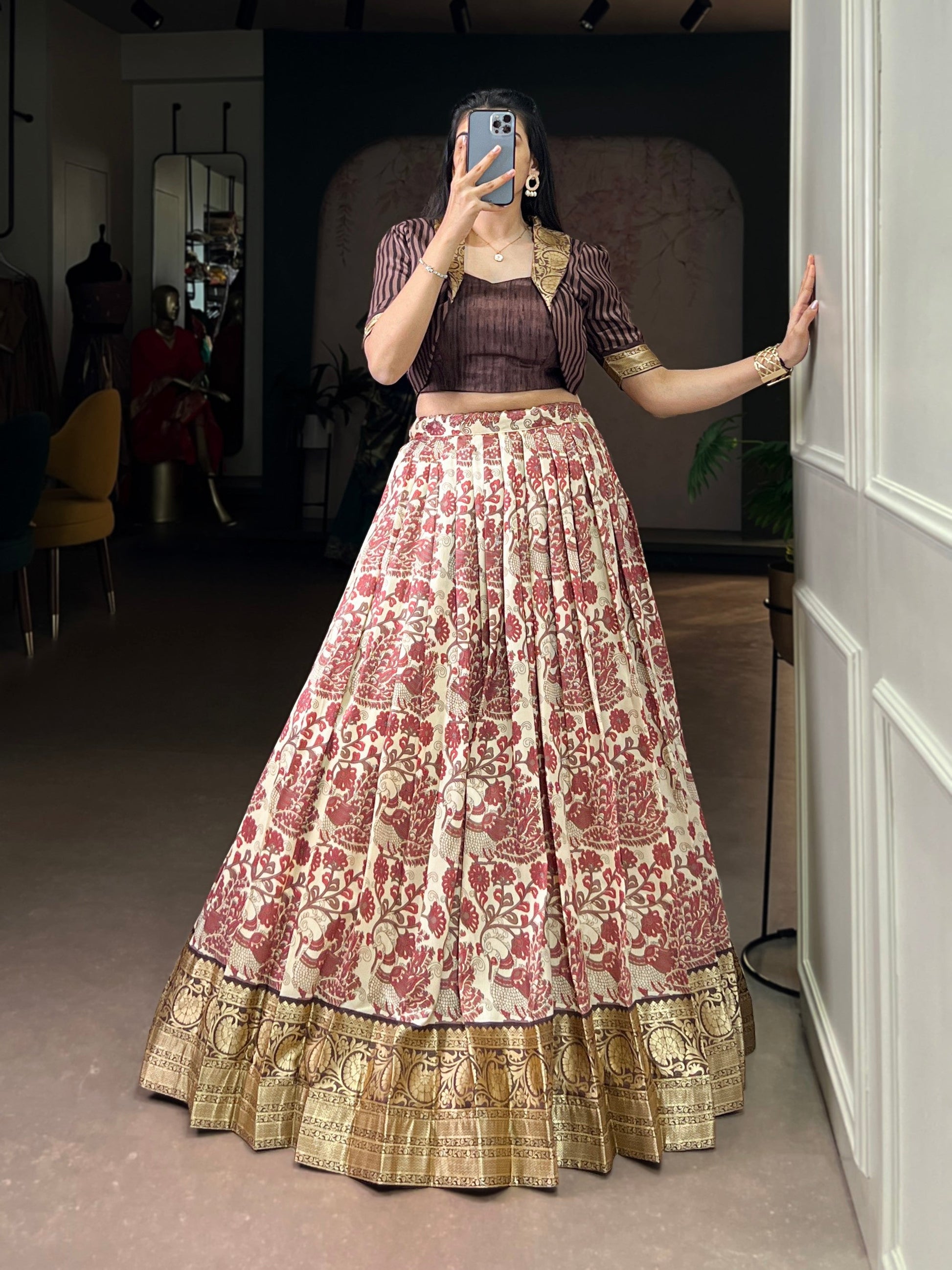 Lorenvalley Fashion Multicolor Tasar Silk Printed with Viscose Border Lehenga Choli