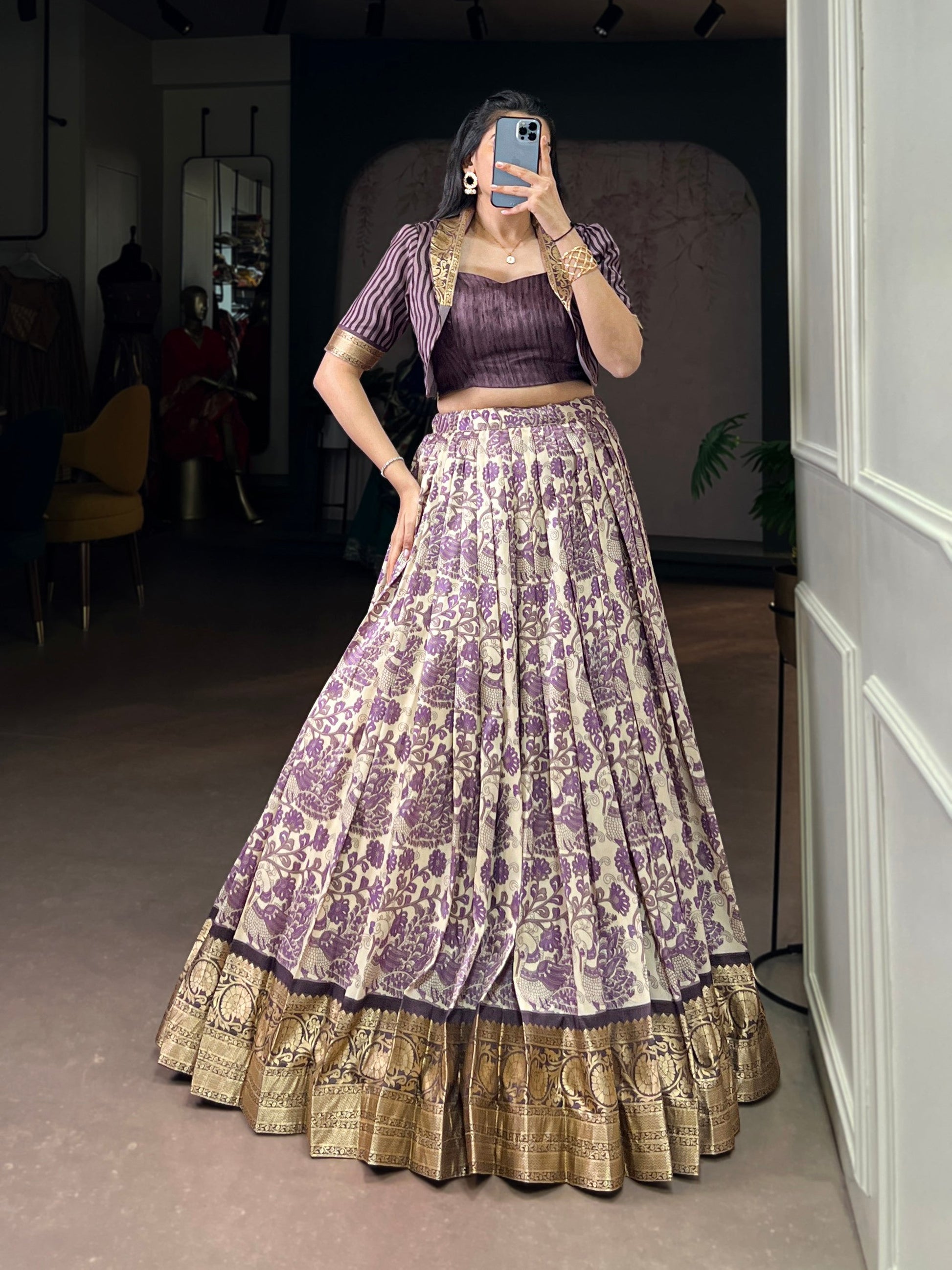 Lorenvalley Fashion Multicolor Tasar Silk Printed with Viscose Border Lehenga Choli