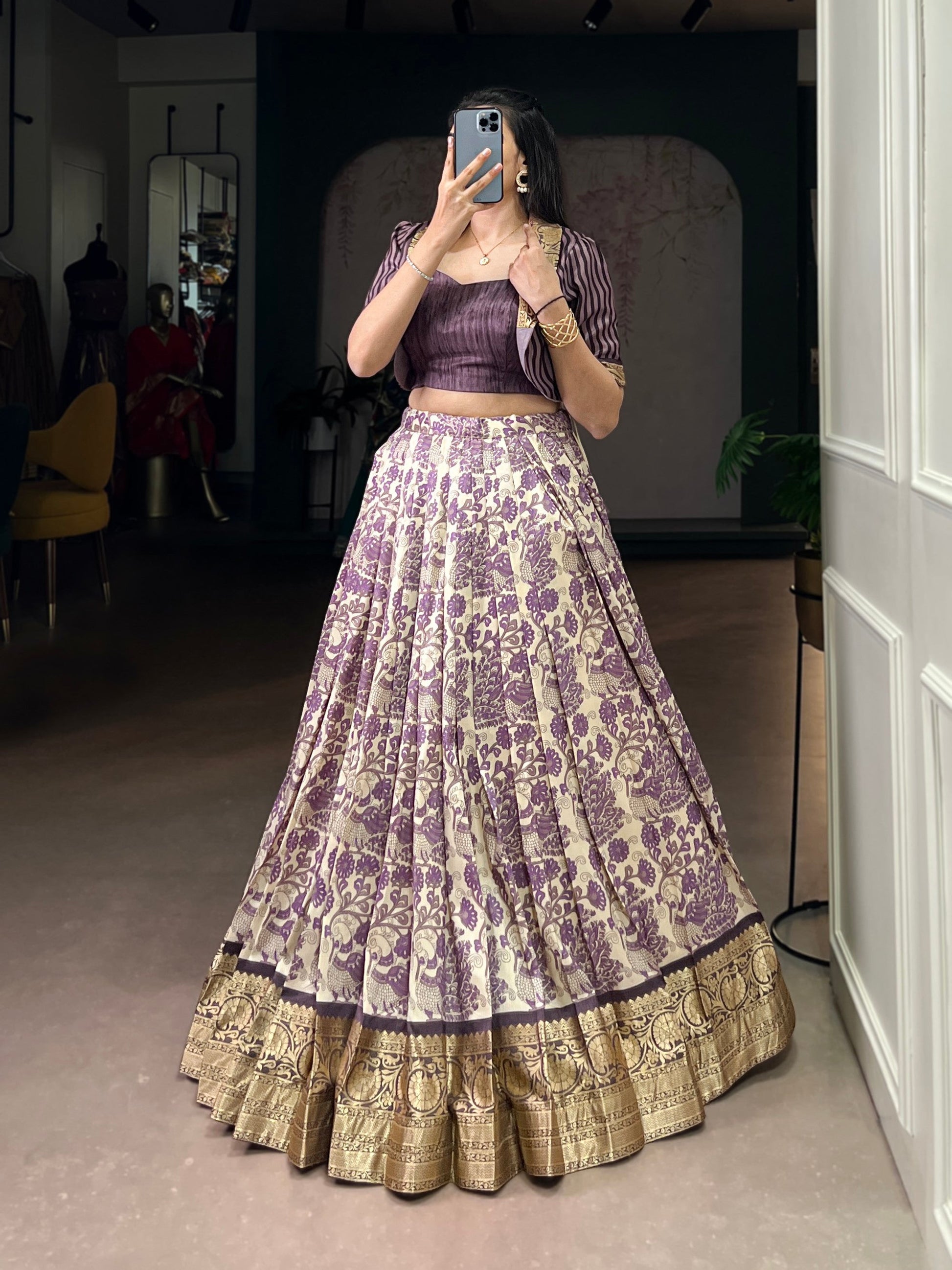 Lorenvalley Fashion Multicolor Tasar Silk Printed with Viscose Border Lehenga Choli