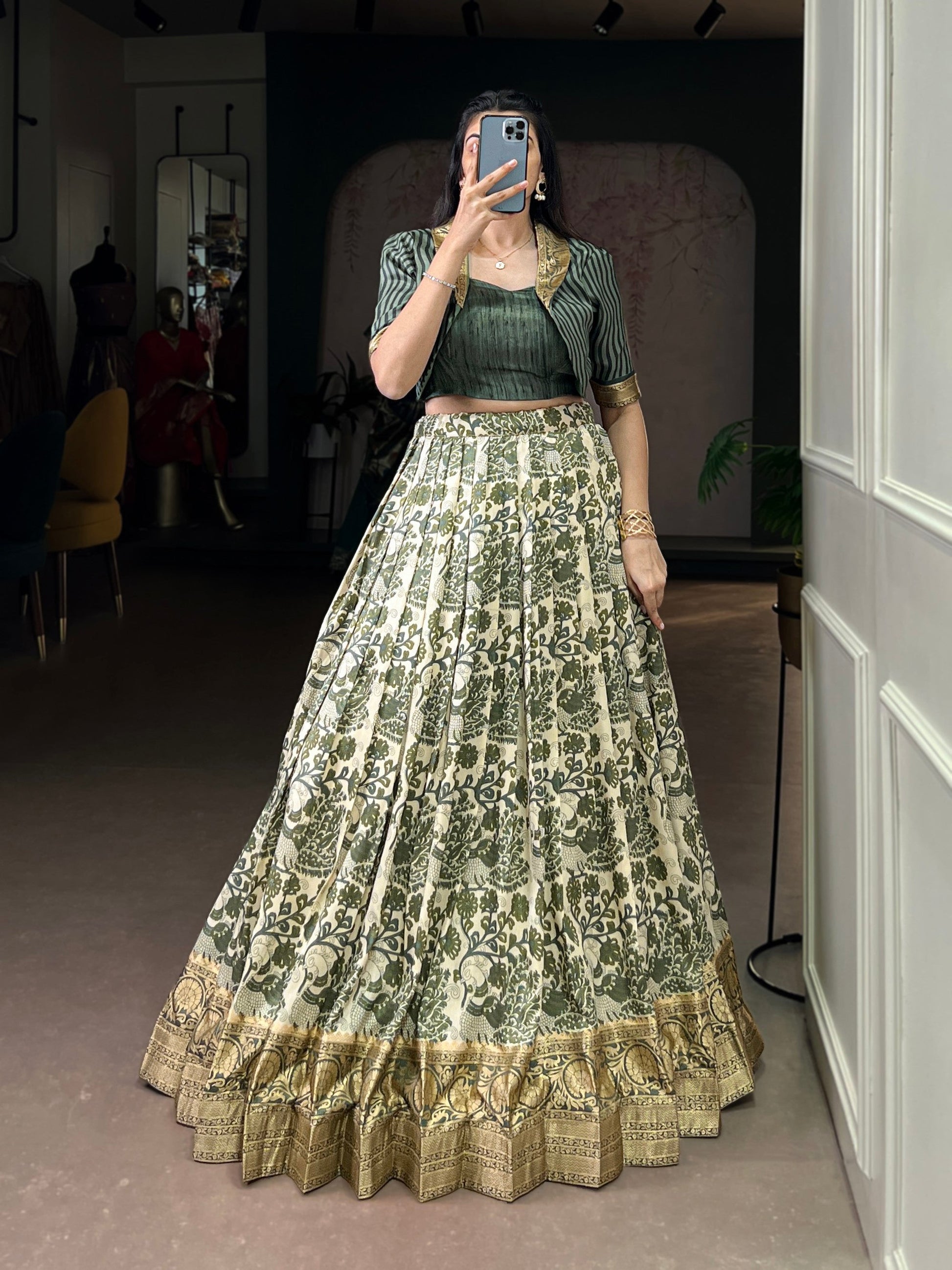 Lorenvalley Fashion Multicolor Tasar Silk Printed with Viscose Border Lehenga Choli