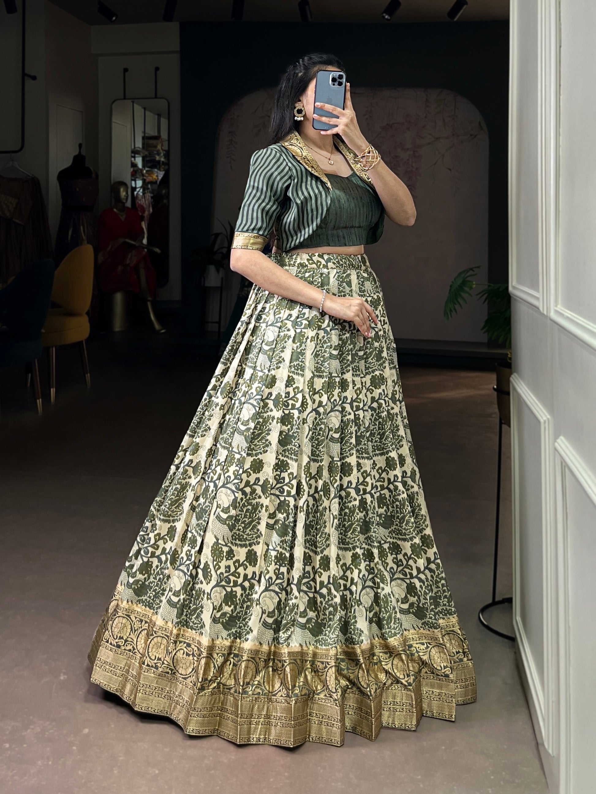 Lorenvalley Fashion Multicolor Tasar Silk Printed with Viscose Border Lehenga Choli