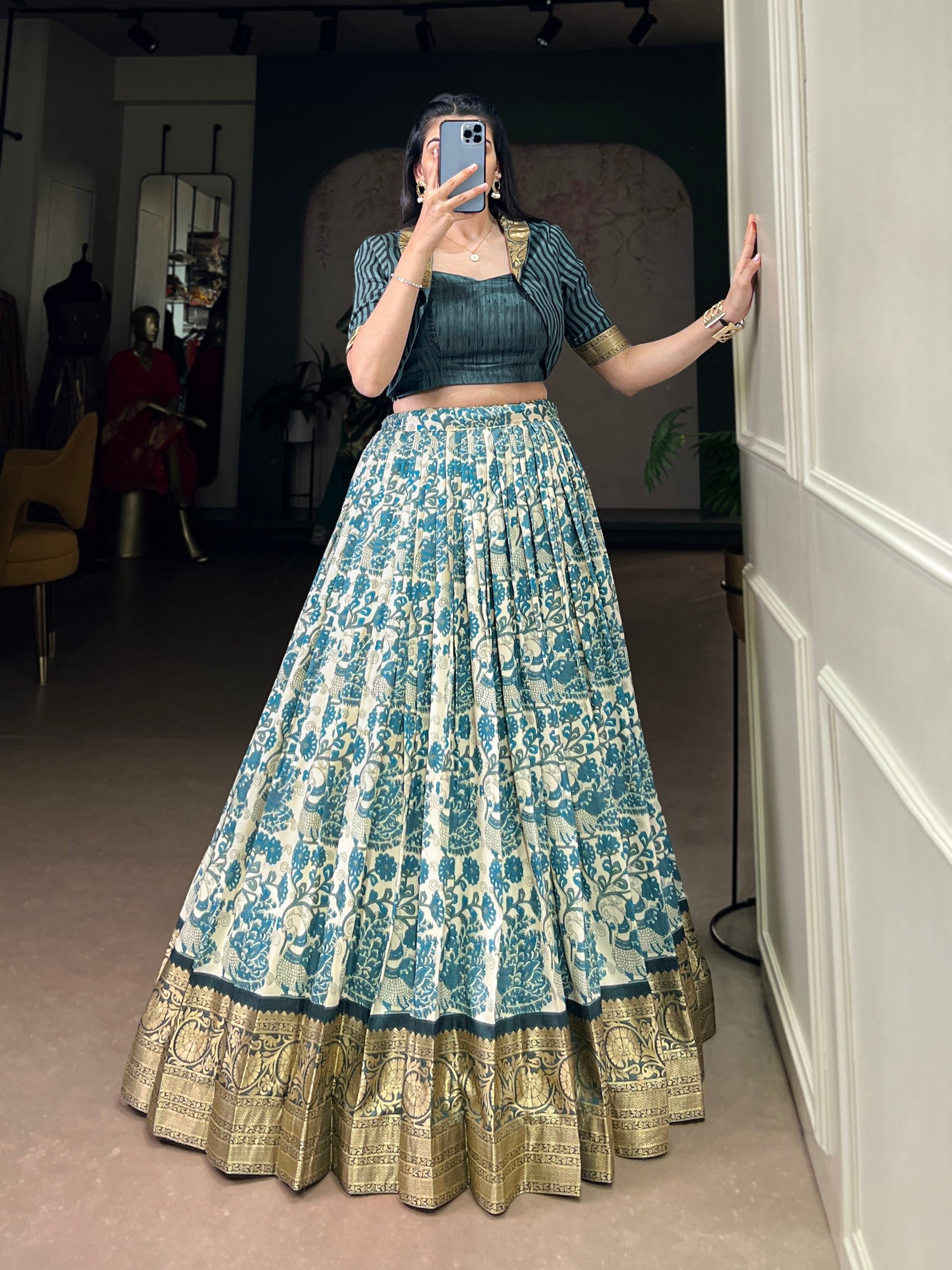 Lorenvalley Fashion Multicolor Tasar Silk Printed with Viscose Border Lehenga Choli