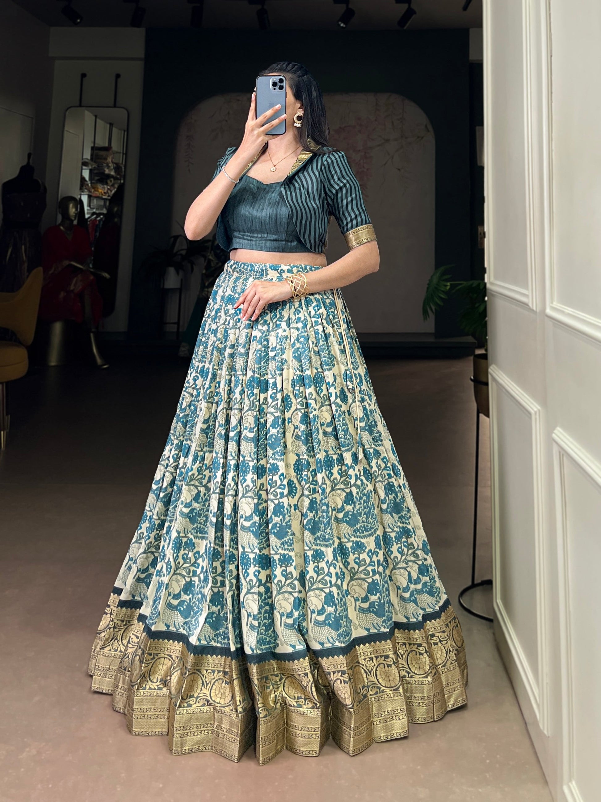 Lorenvalley Fashion Multicolor Tasar Silk Printed with Viscose Border Lehenga Choli