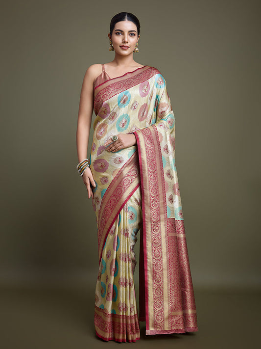 Monjolika Fashion Elegant Maroon And Cream Banarasi Silk SareeWith Intricate Zari Work
