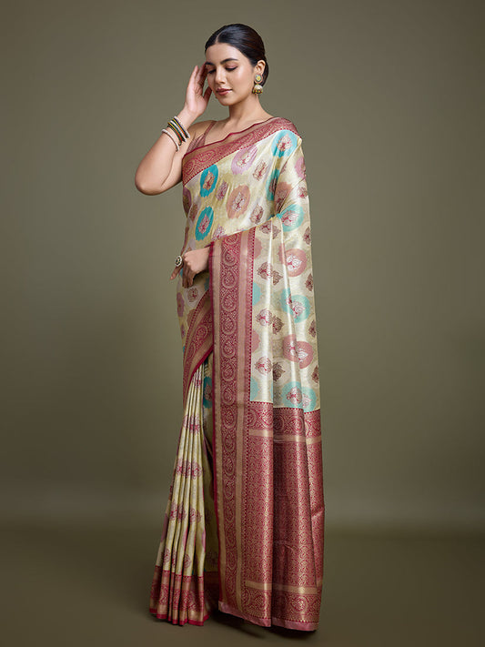 Monjolika Fashion Elegant Maroon And Cream Banarasi Silk SareeWith Intricate Zari Work