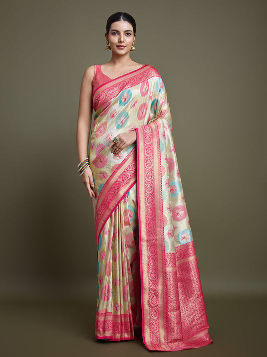 Monjolika Fashion Elegant Pink And Cream Banarasi Silk SareeWith Intricate Zari Work