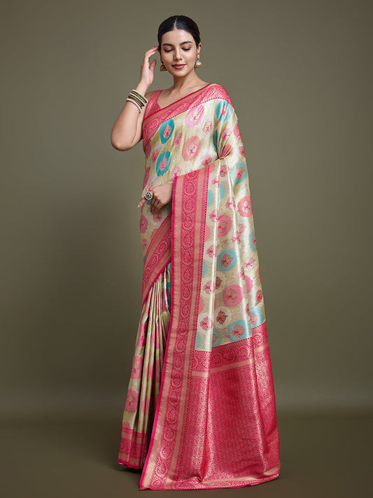 Monjolika Fashion Elegant Pink And Cream Banarasi Silk SareeWith Intricate Zari Work