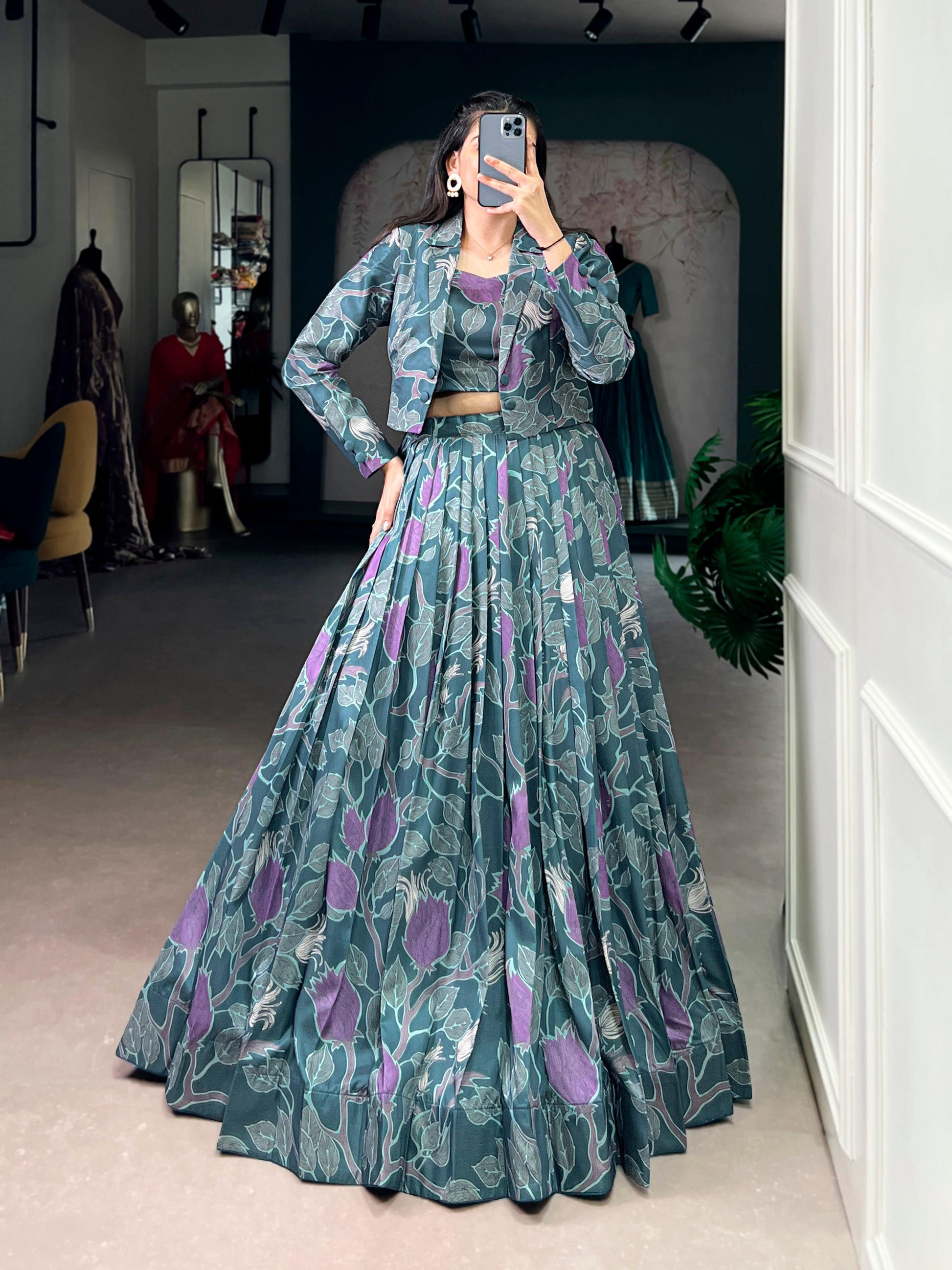 Lorenvalley Fashion Teal Tasar Silk Printed Lehenga Choli with Koti