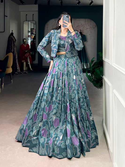 Lorenvalley Fashion Teal Tasar Silk Printed Lehenga Choli with Koti