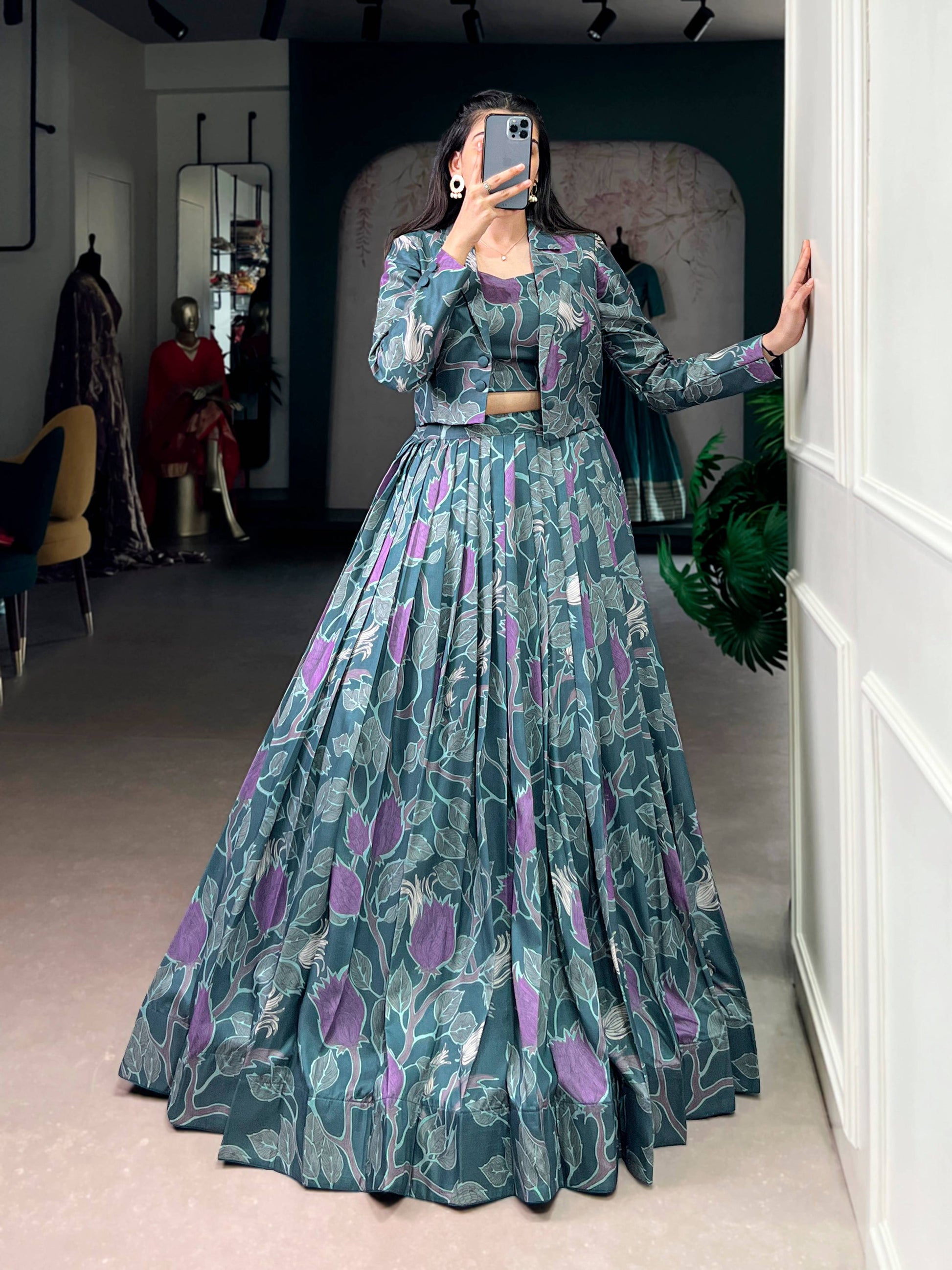 Lorenvalley Fashion Teal Tasar Silk Printed Lehenga Choli with Koti