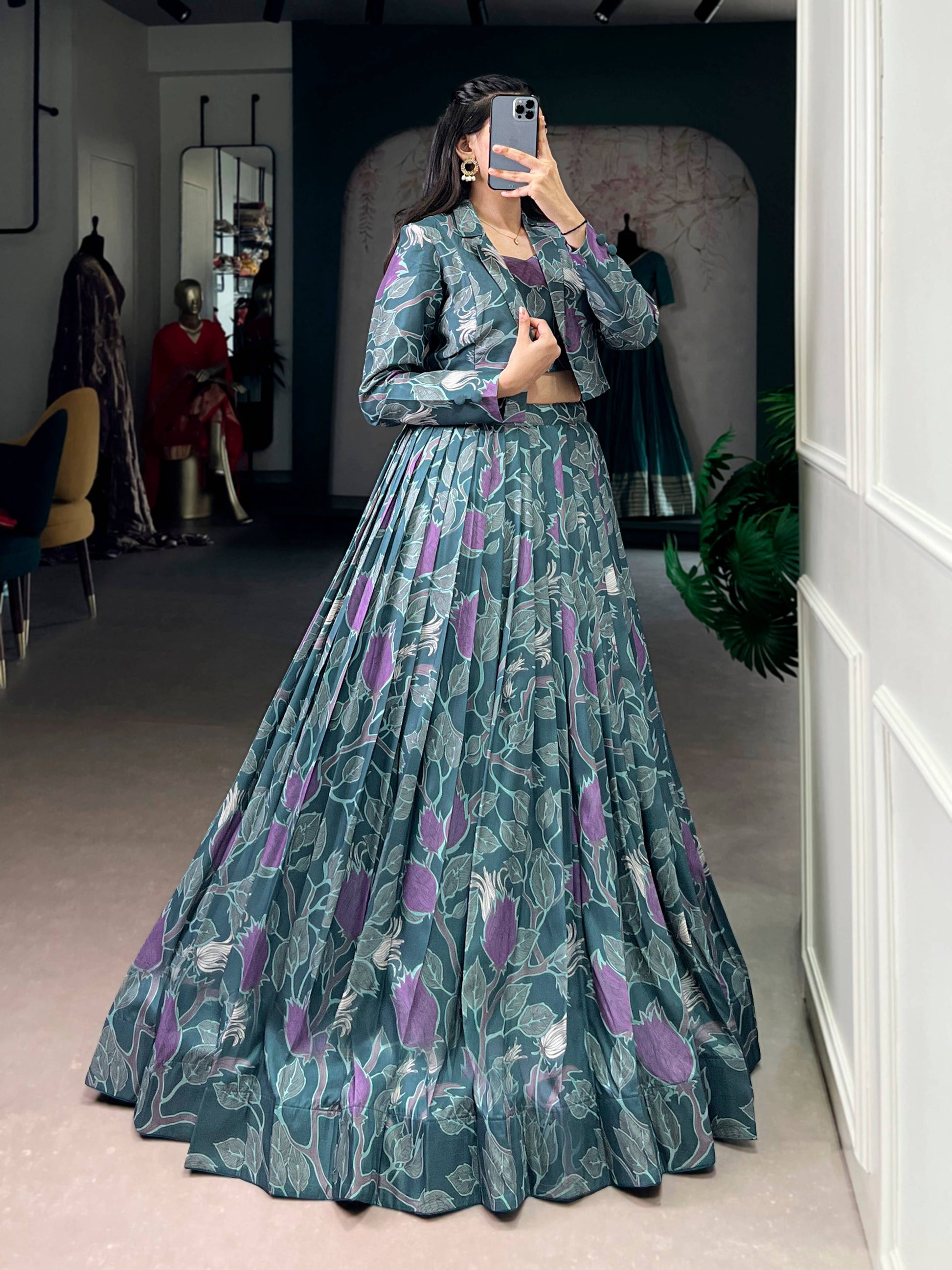 Lorenvalley Fashion Teal Tasar Silk Printed Lehenga Choli with Koti