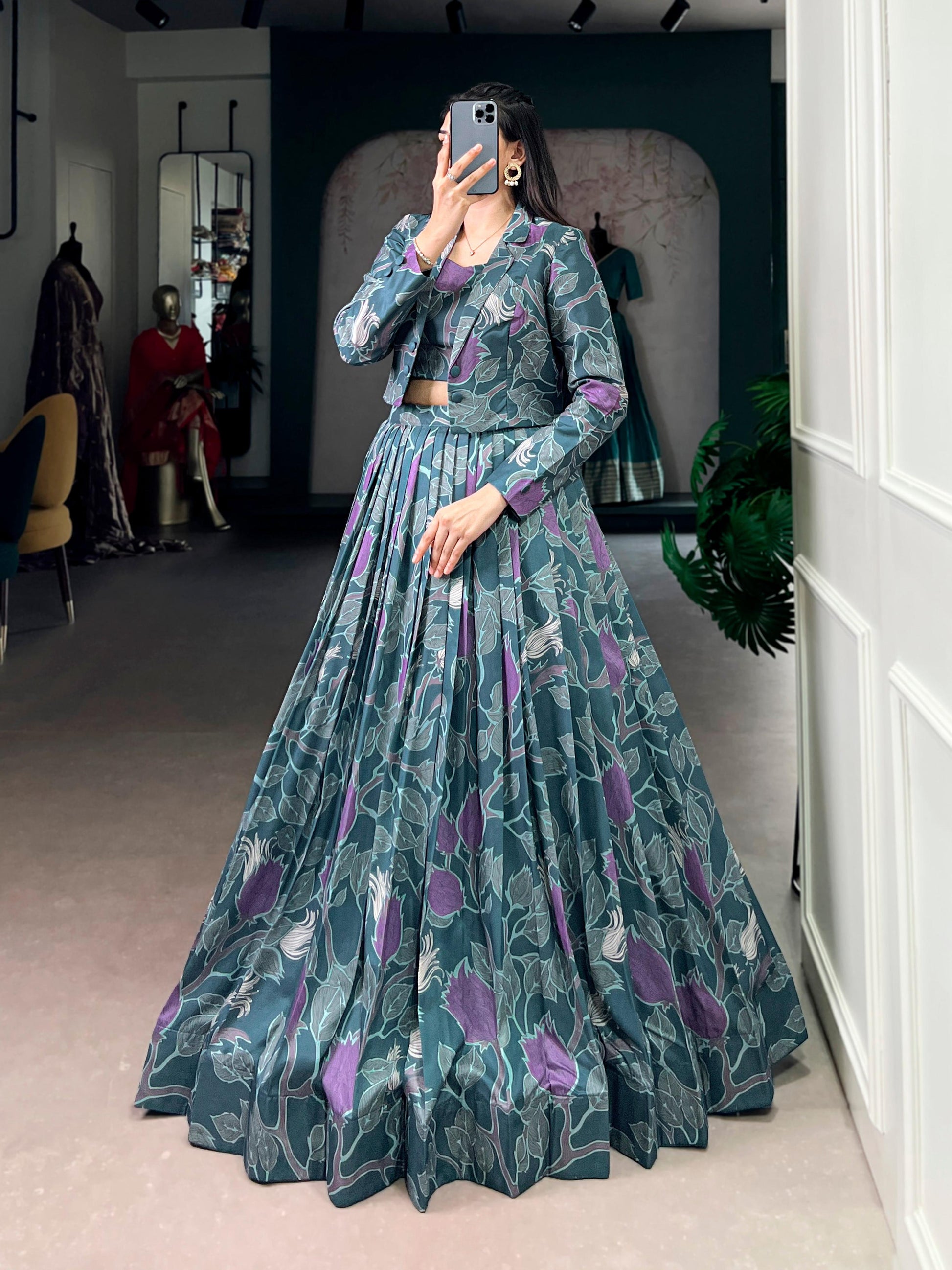 Lorenvalley Fashion Teal Tasar Silk Printed Lehenga Choli with Koti