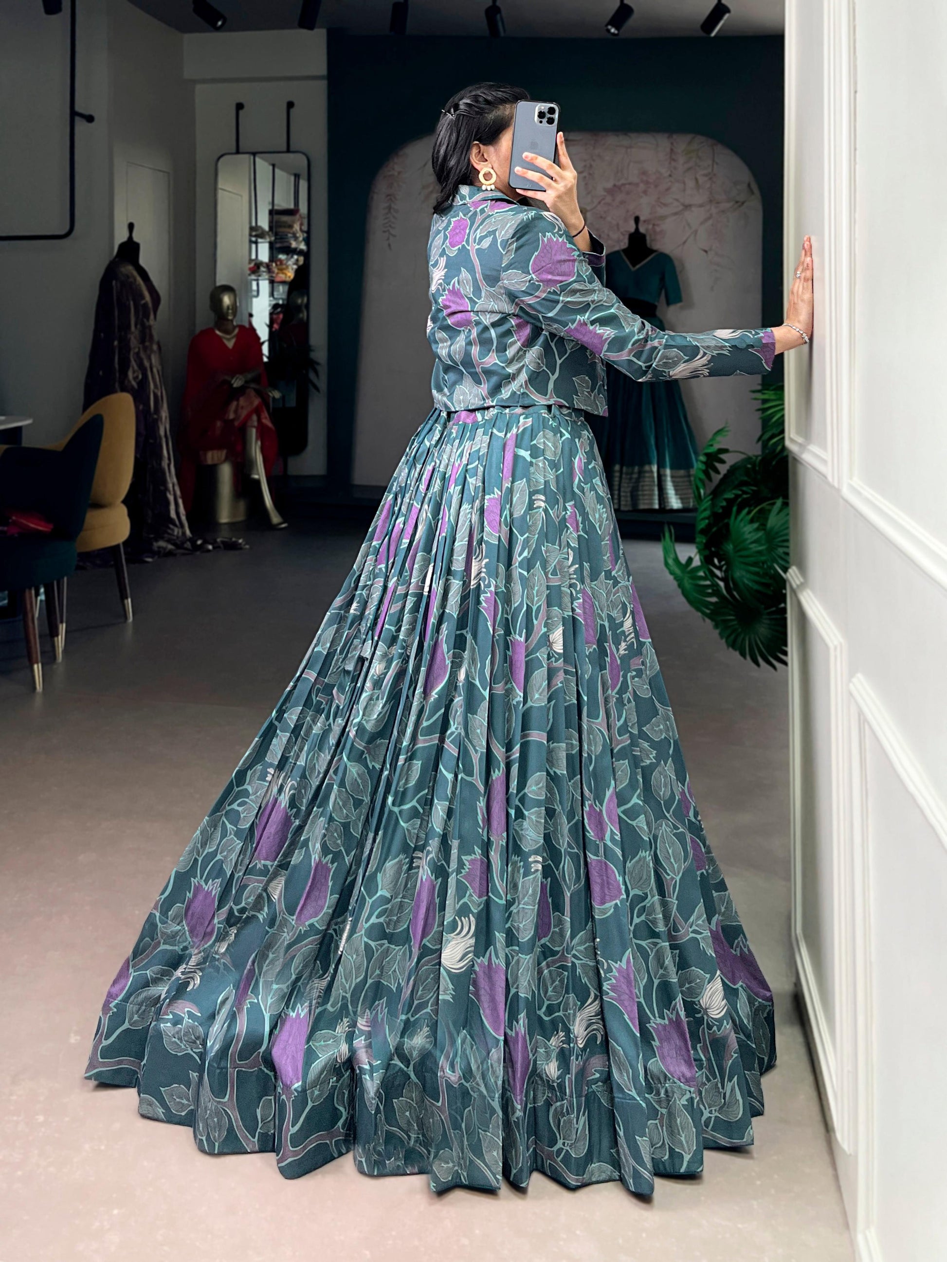 Lorenvalley Fashion Teal Tasar Silk Printed Lehenga Choli with Koti