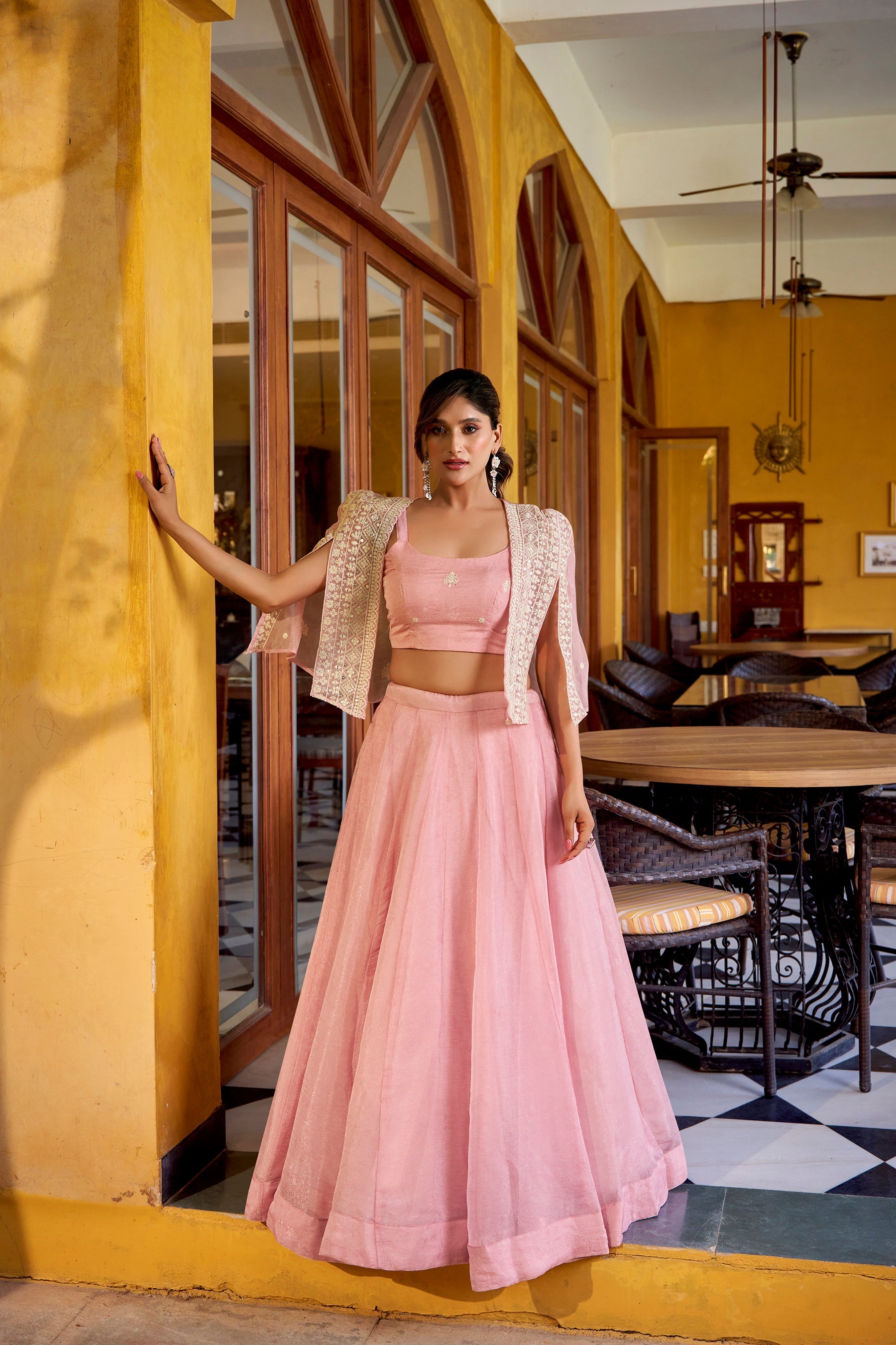 Lorenvalley Fashion Lightpink Allnen Crush Plain Lehenga Choli with Koti