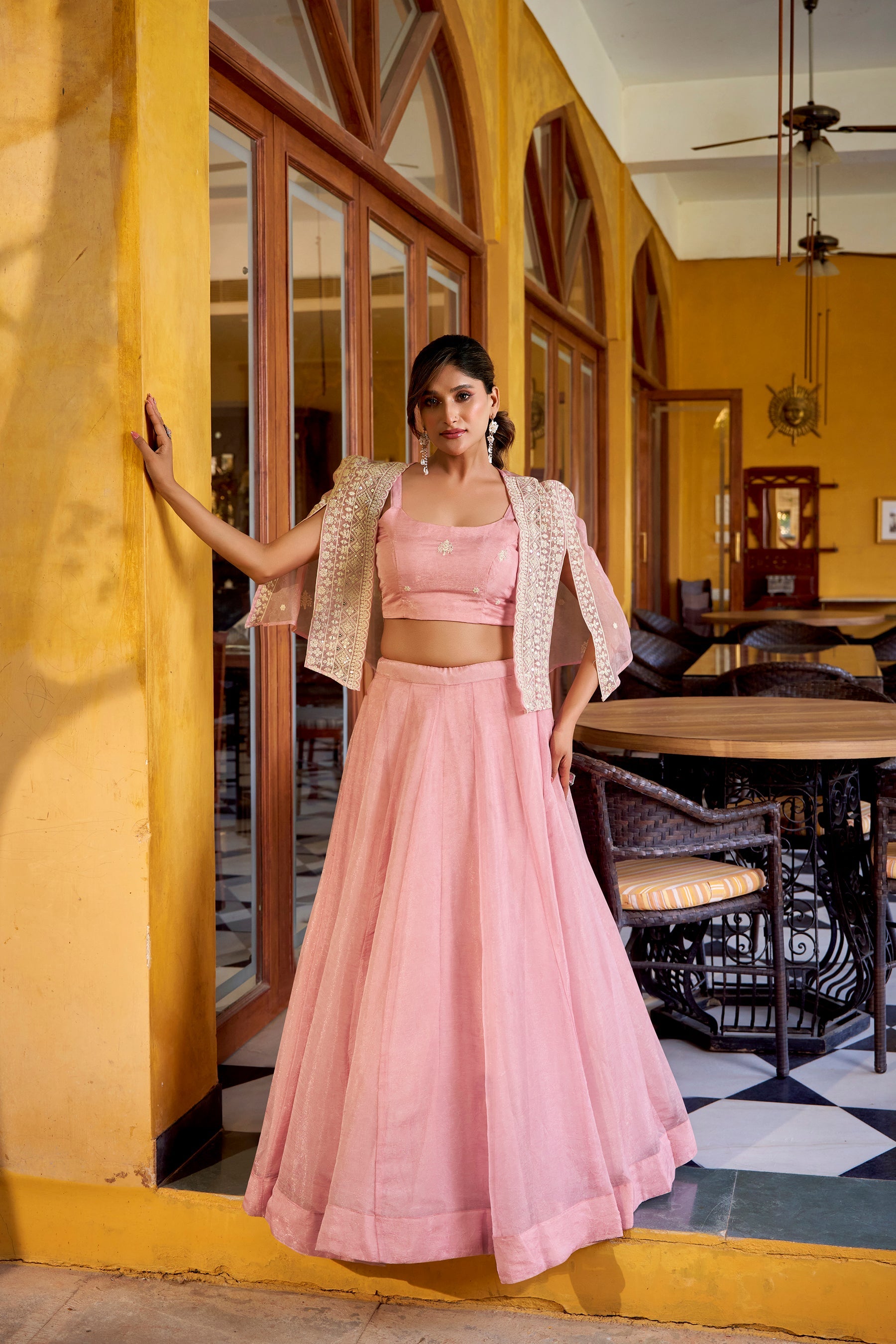 Lorenvalley Fashion Lightpink Allnen Crush Plain Lehenga Choli with Koti