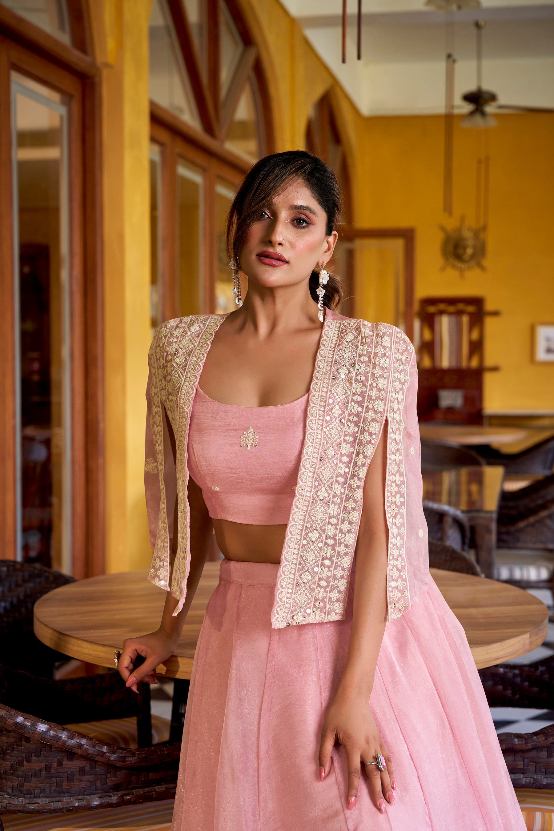 Lorenvalley Fashion Lightpink Allnen Crush Plain Lehenga Choli with Koti