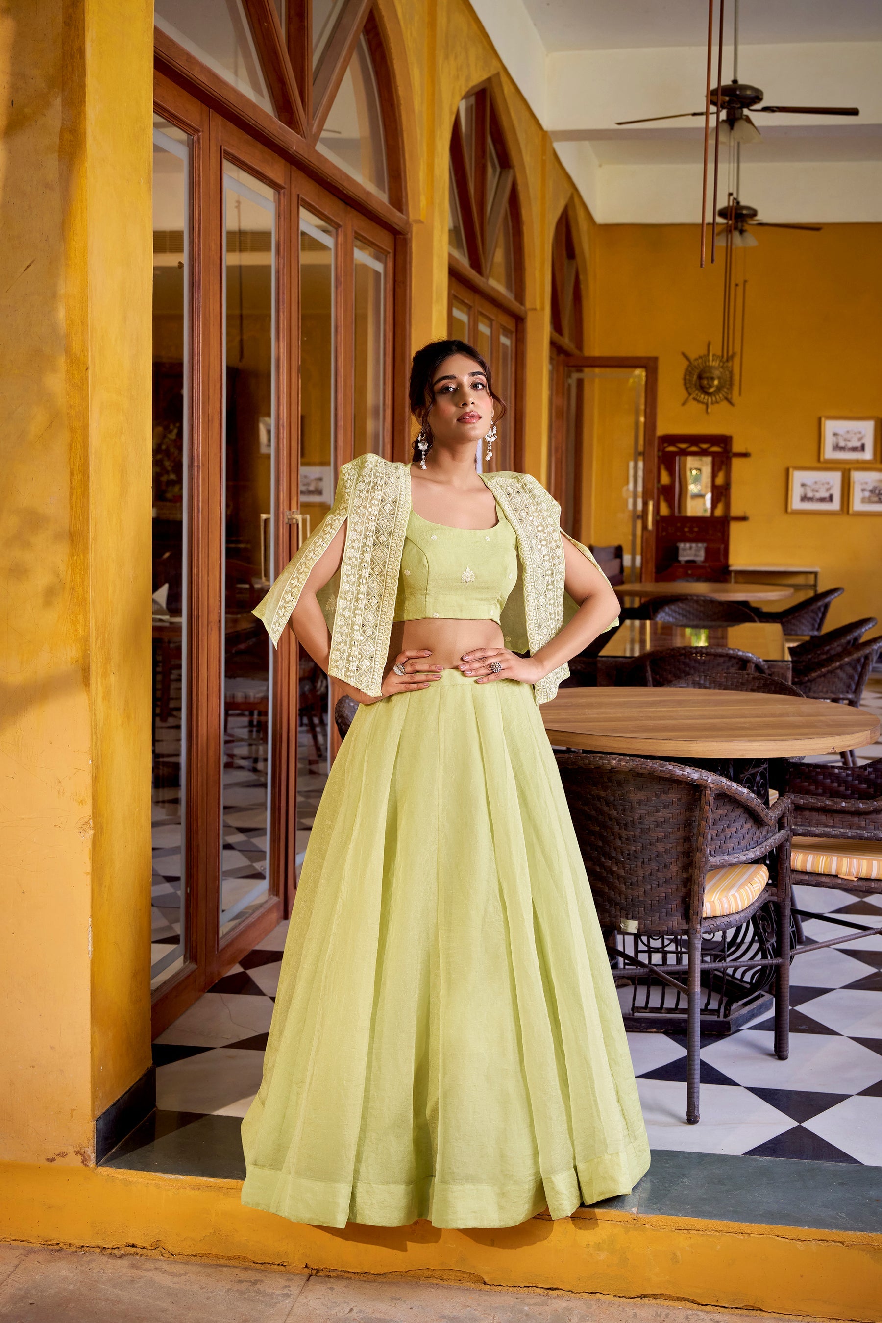 Lorenvalley Fashion Limegreen Allnen Crush Plain Lehenga Choli with Koti