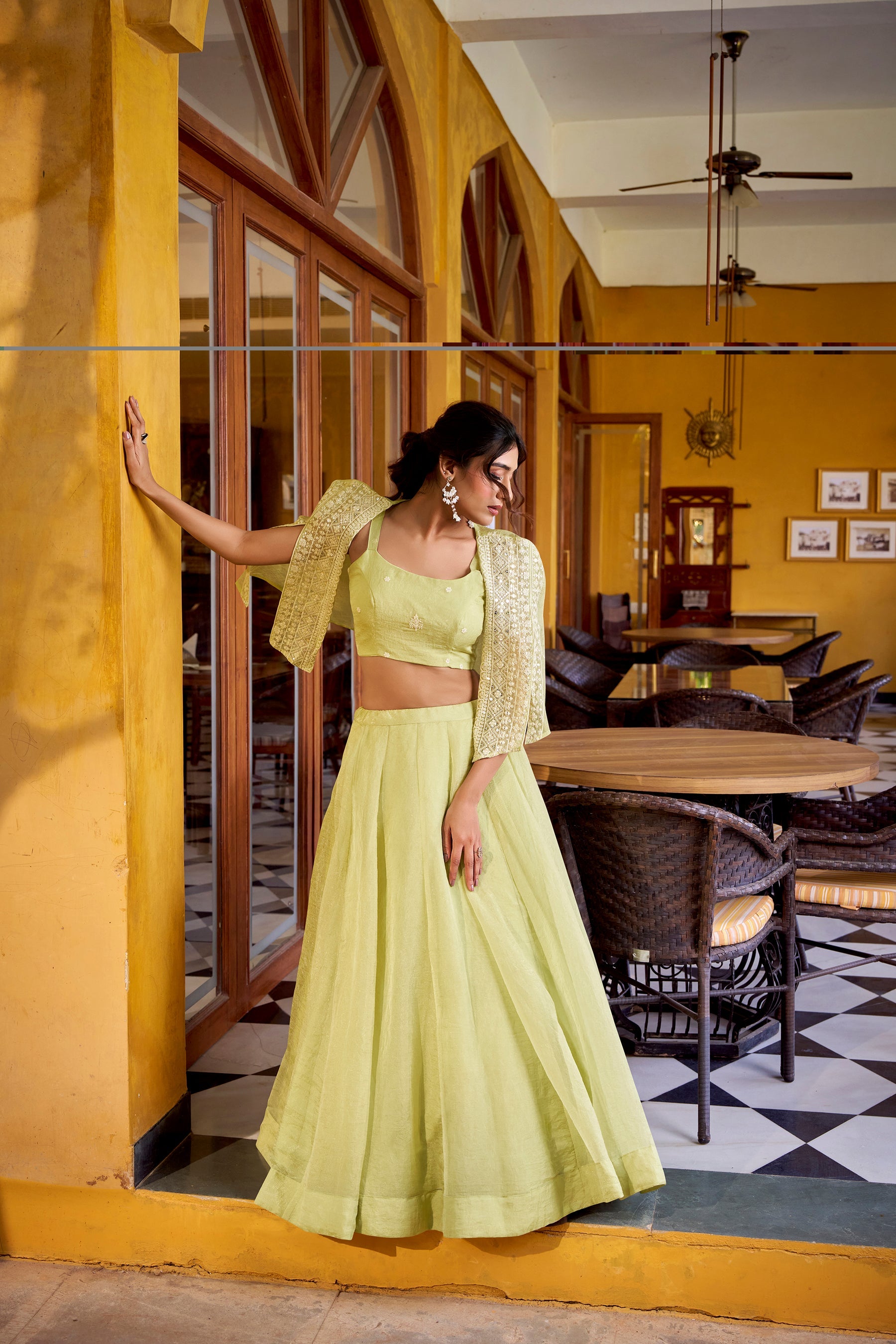 Lorenvalley Fashion Limegreen Allnen Crush Plain Lehenga Choli with Koti