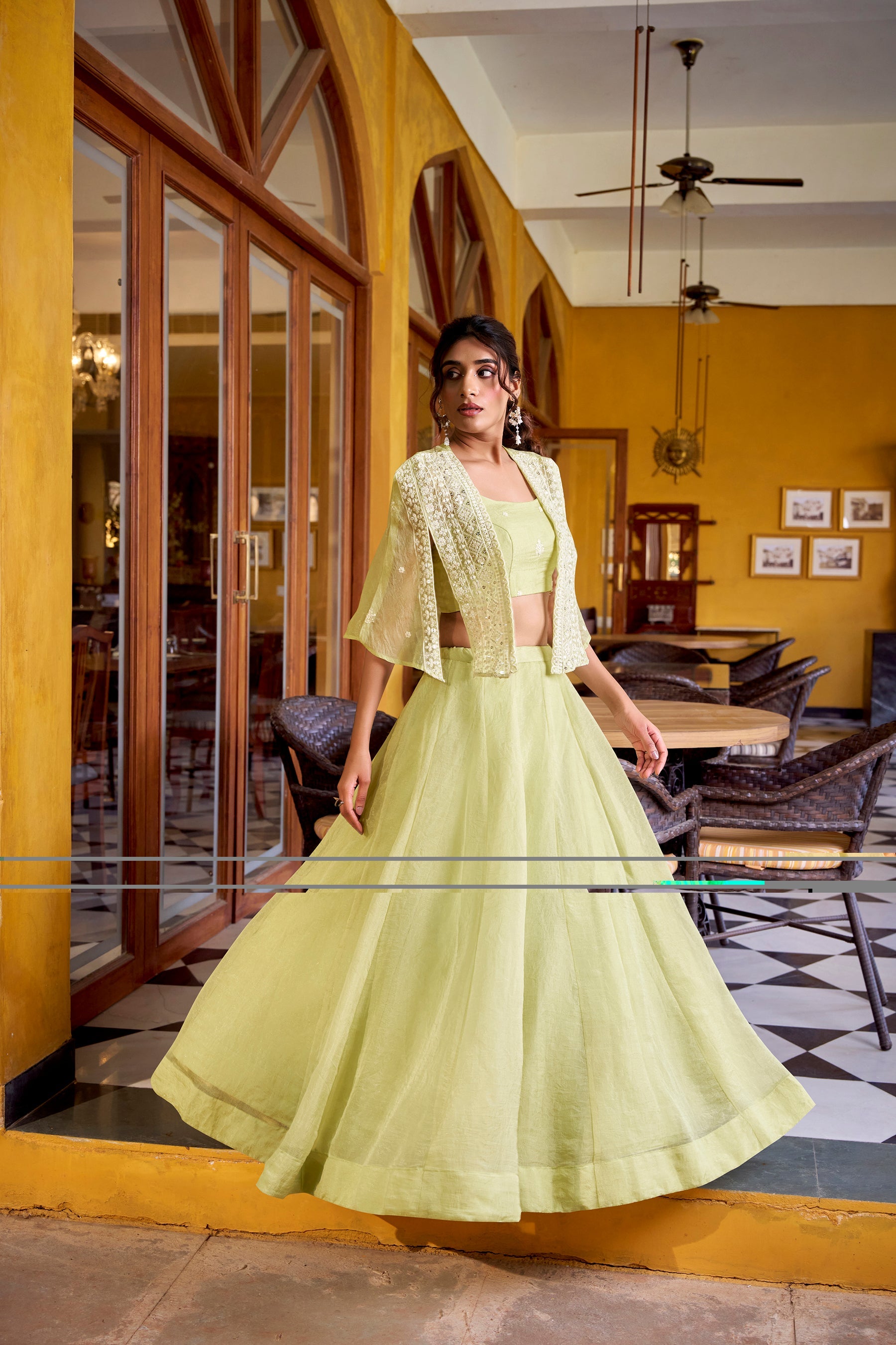 Lorenvalley Fashion Limegreen Allnen Crush Plain Lehenga Choli with Koti