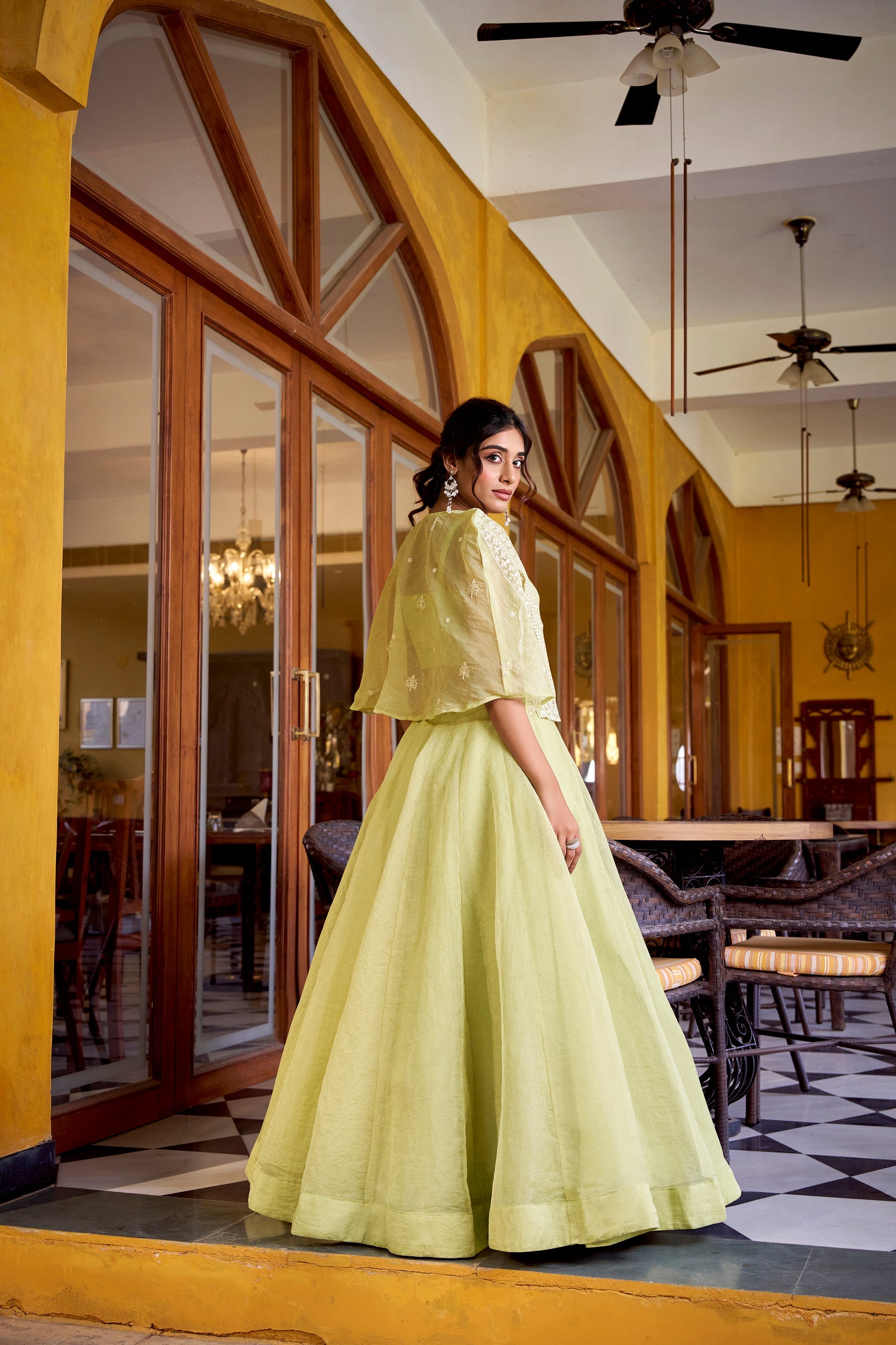 Lorenvalley Fashion Limegreen Allnen Crush Plain Lehenga Choli with Koti