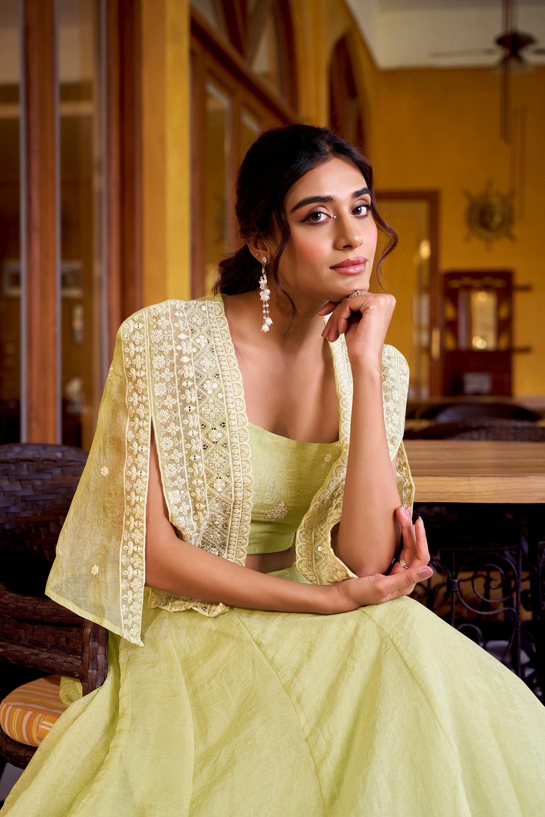 Lorenvalley Fashion Limegreen Allnen Crush Plain Lehenga Choli with Koti