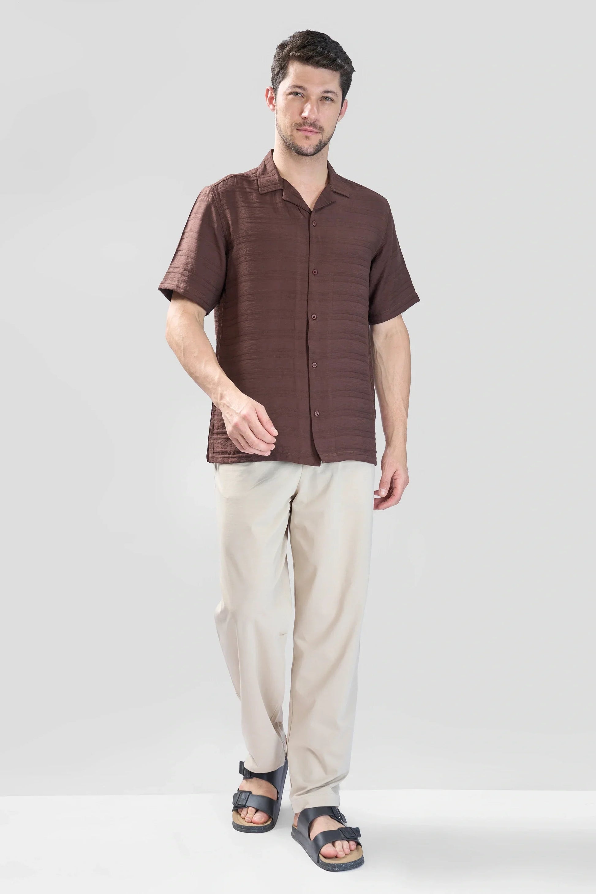 Xkind Brown Horizontal Pleated Stripes Relaxed Fit Shirt  Grab2Buy Xkind Grab2Buy
