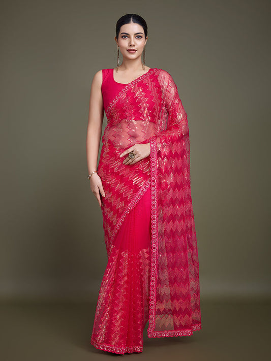 Monjolika Fashion Sequin Dark Pink Color Net Ultimate Party Wear Fashion Saree