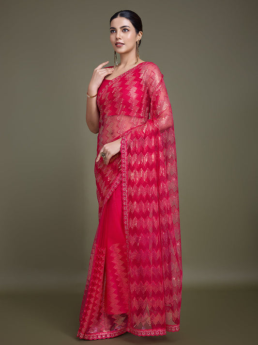Monjolika Fashion Sequin Dark Pink Color Net Ultimate Party Wear Fashion Saree