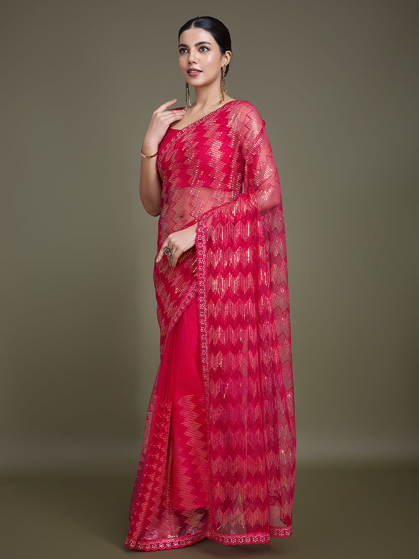 Monjolika Fashion Sequin Dark Pink Color Net Ultimate Party Wear Fashion Saree