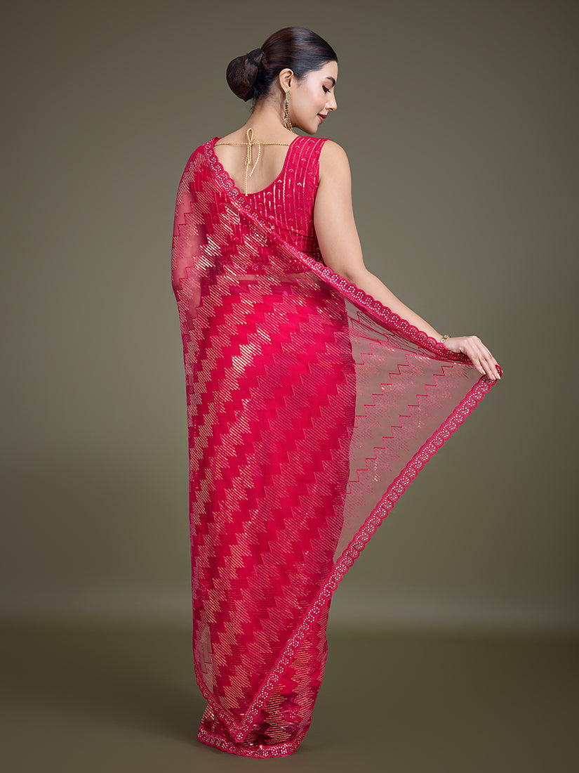 Monjolika Fashion Sequin Dark Pink Color Net Ultimate Party Wear Fashion Saree