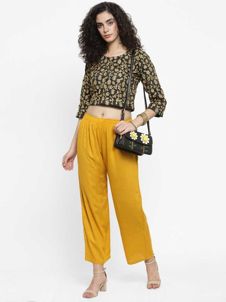 PAVONINE Mustard Color Straight Fit Rayon Fabric Palazzo For Women