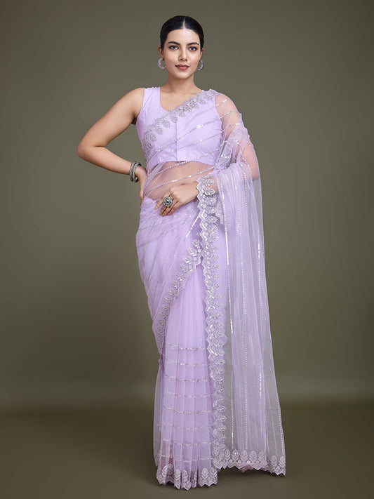 Monjolika Fashion Glamorous Women'S Lavender Sequin Work Soft Net Saree