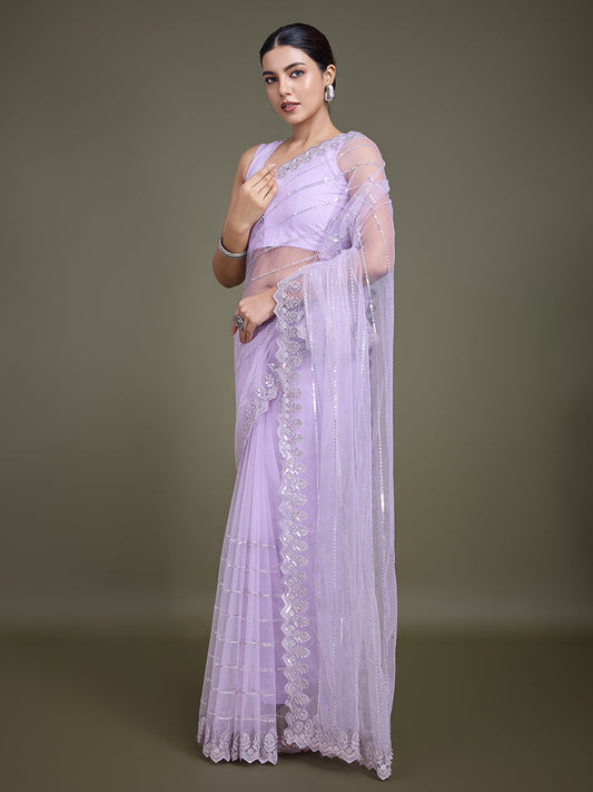 Monjolika Fashion Glamorous Women'S Lavender Sequin Work Soft Net Saree