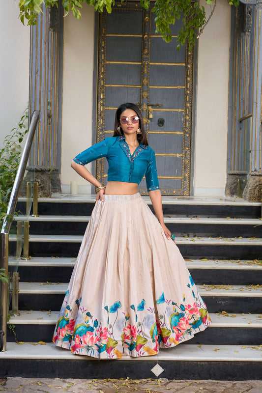 Lorenvalley Fashion Offwhite Tussar Silk Floral Print Lehenga Choli 