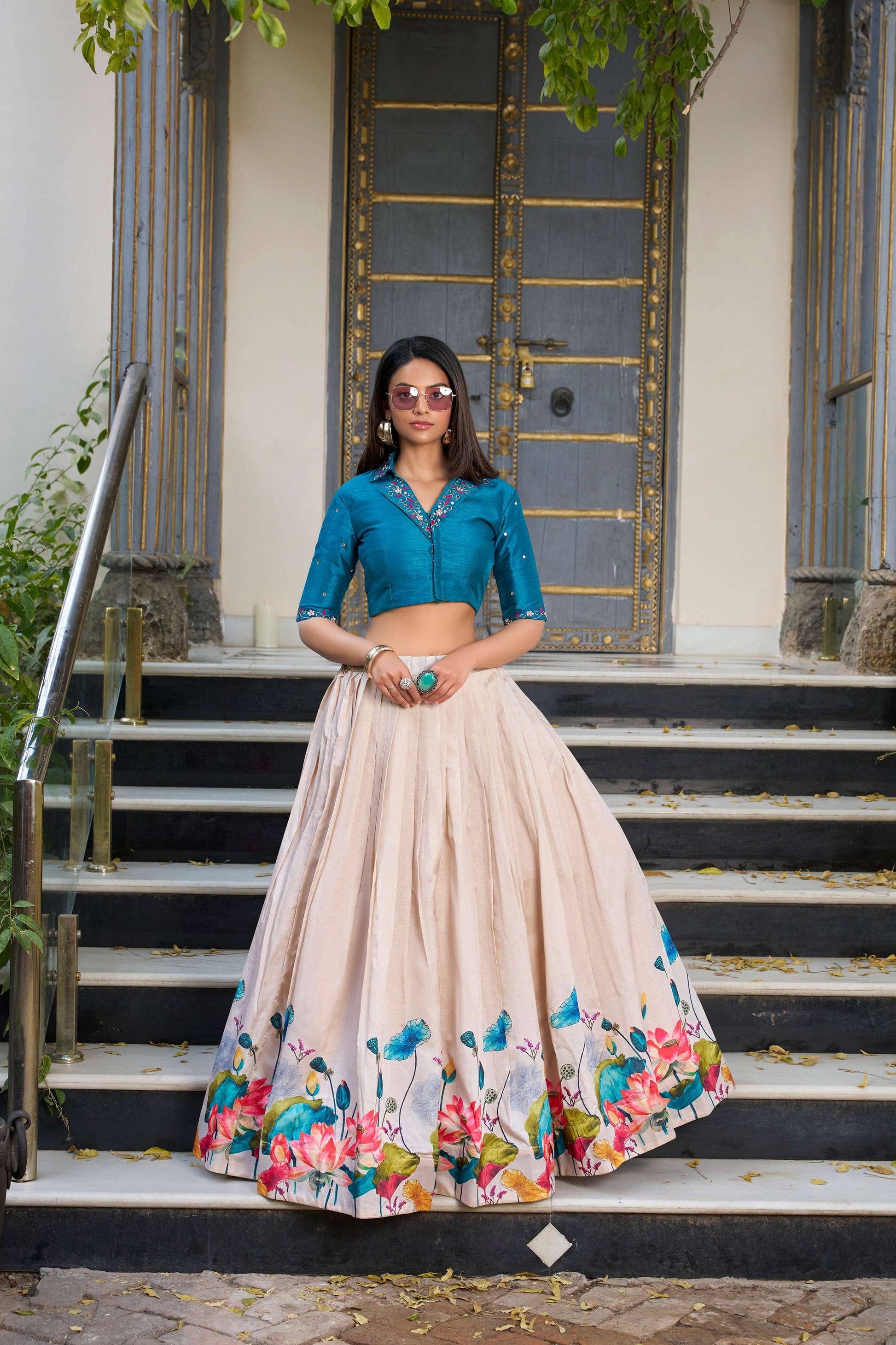 Lorenvalley Fashion Offwhite Tussar Silk Floral Print Lehenga Choli 