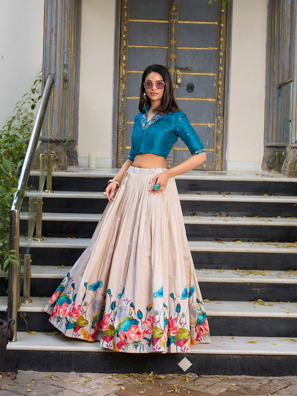 Lorenvalley Fashion Offwhite Tussar Silk Floral Print Lehenga Choli 