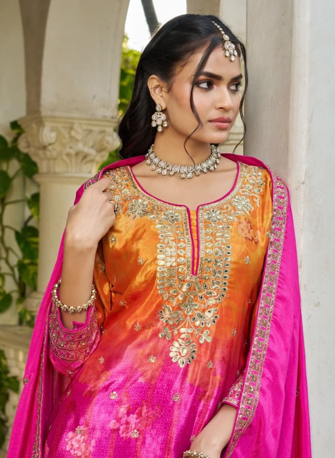 Anaita Hot Pink Chinon Stitched Plazzo Suit With Digital Printed & Hand Work
