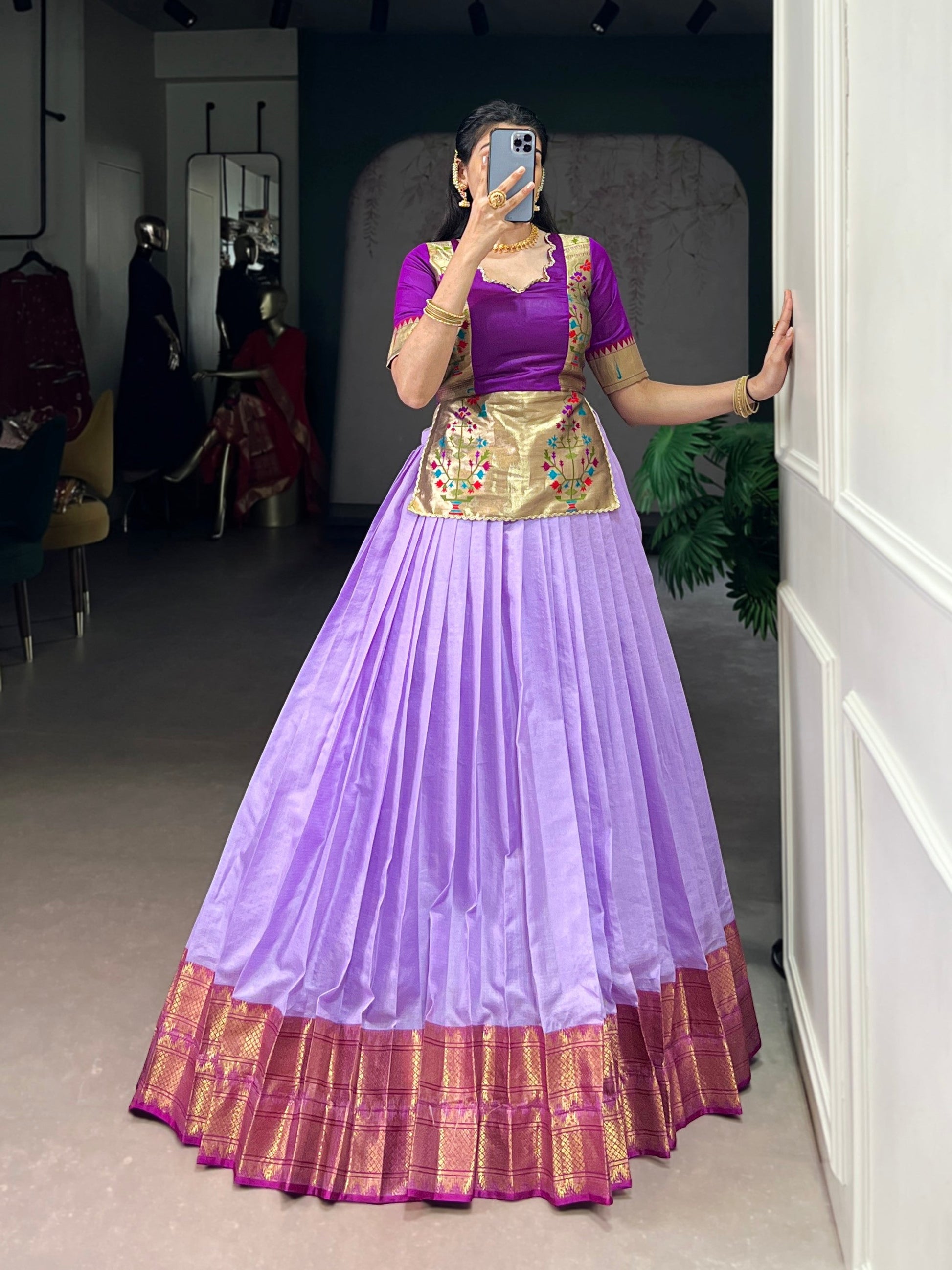 Lorenvalley Fashion Lavender Cotton Silk Zari Weaving Work Lehenga Choli 