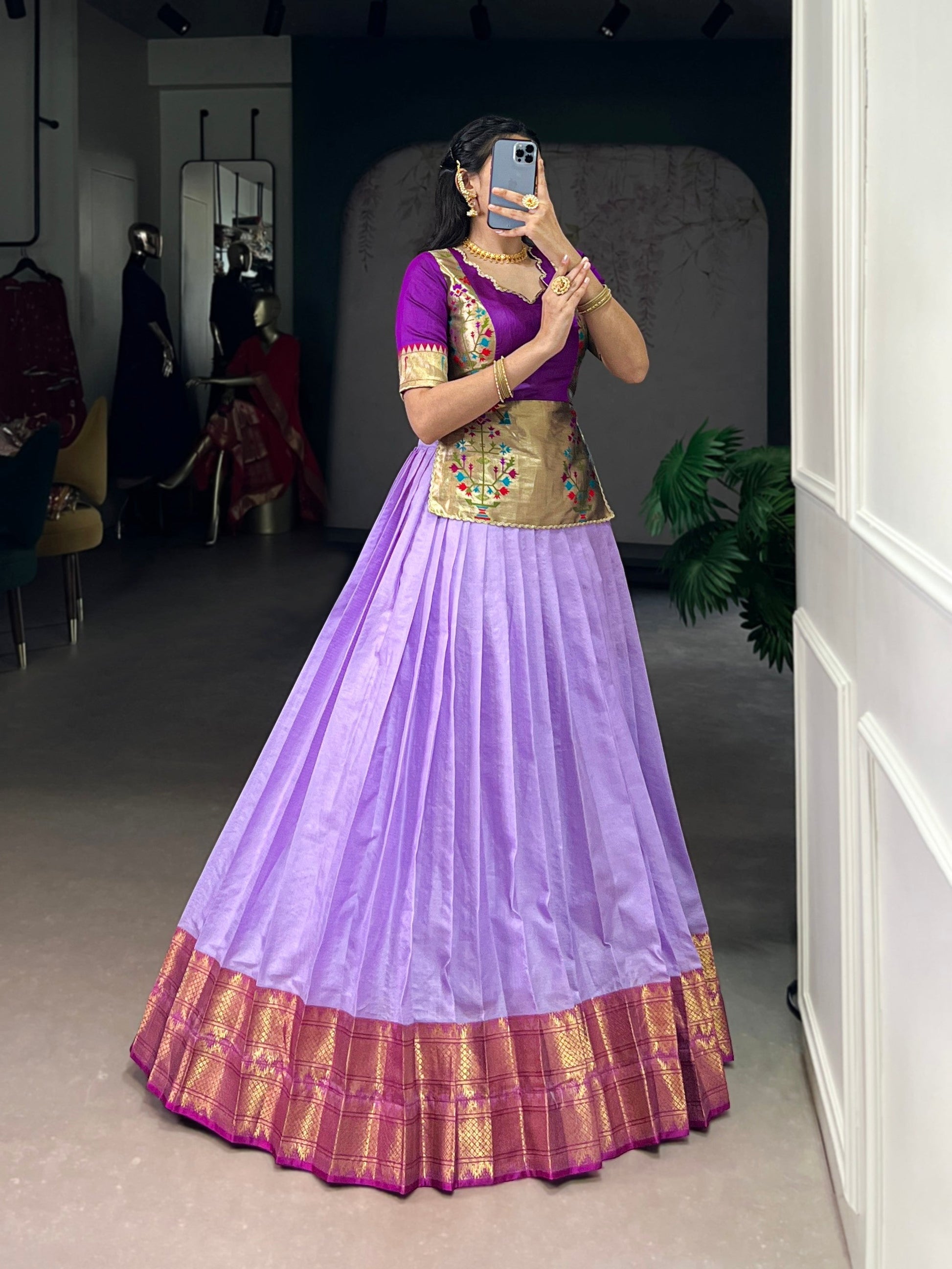 Lorenvalley Fashion Lavender Cotton Silk Zari Weaving Work Lehenga Choli 