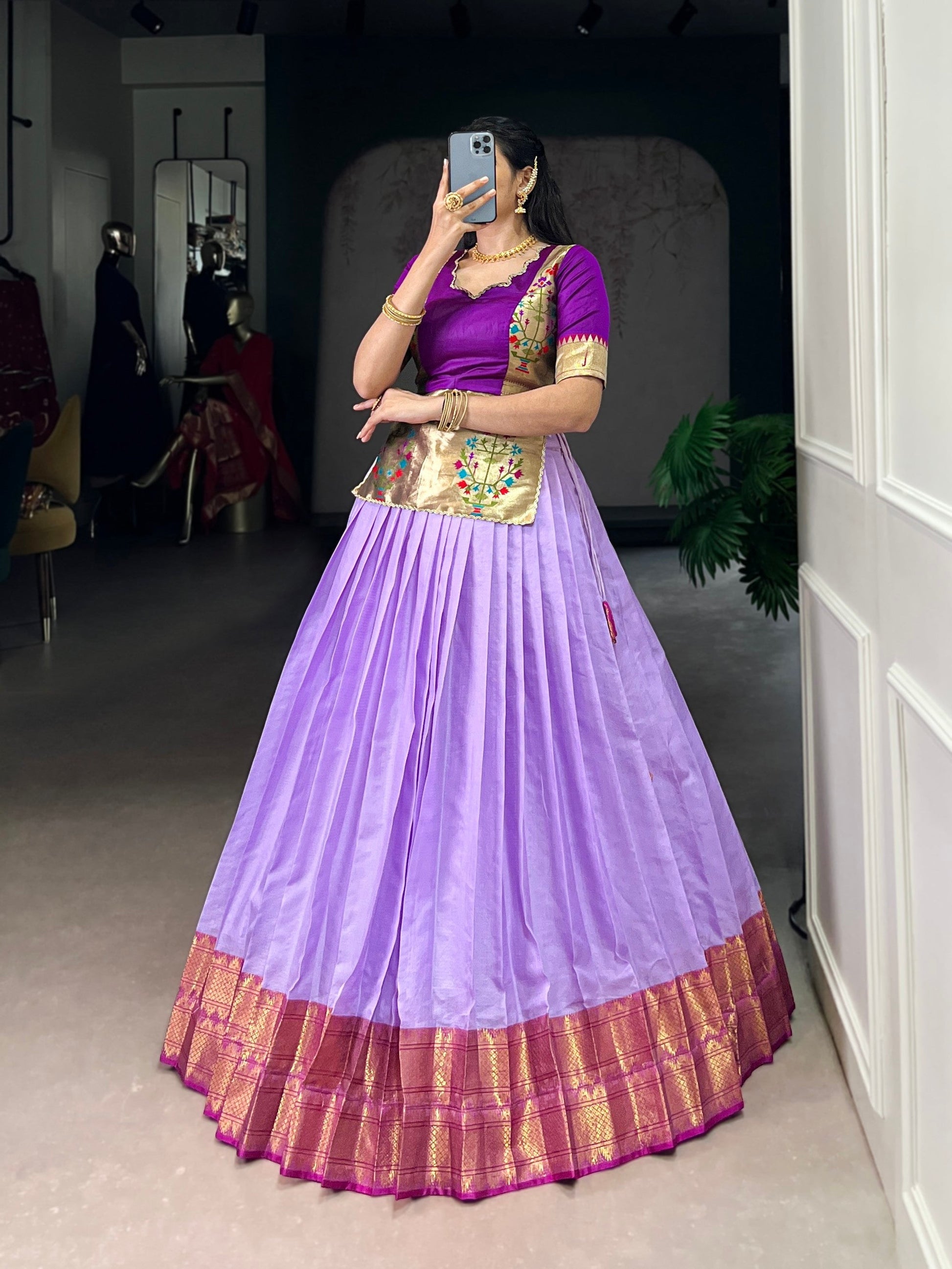 Lorenvalley Fashion Lavender Cotton Silk Zari Weaving Work Lehenga Choli 