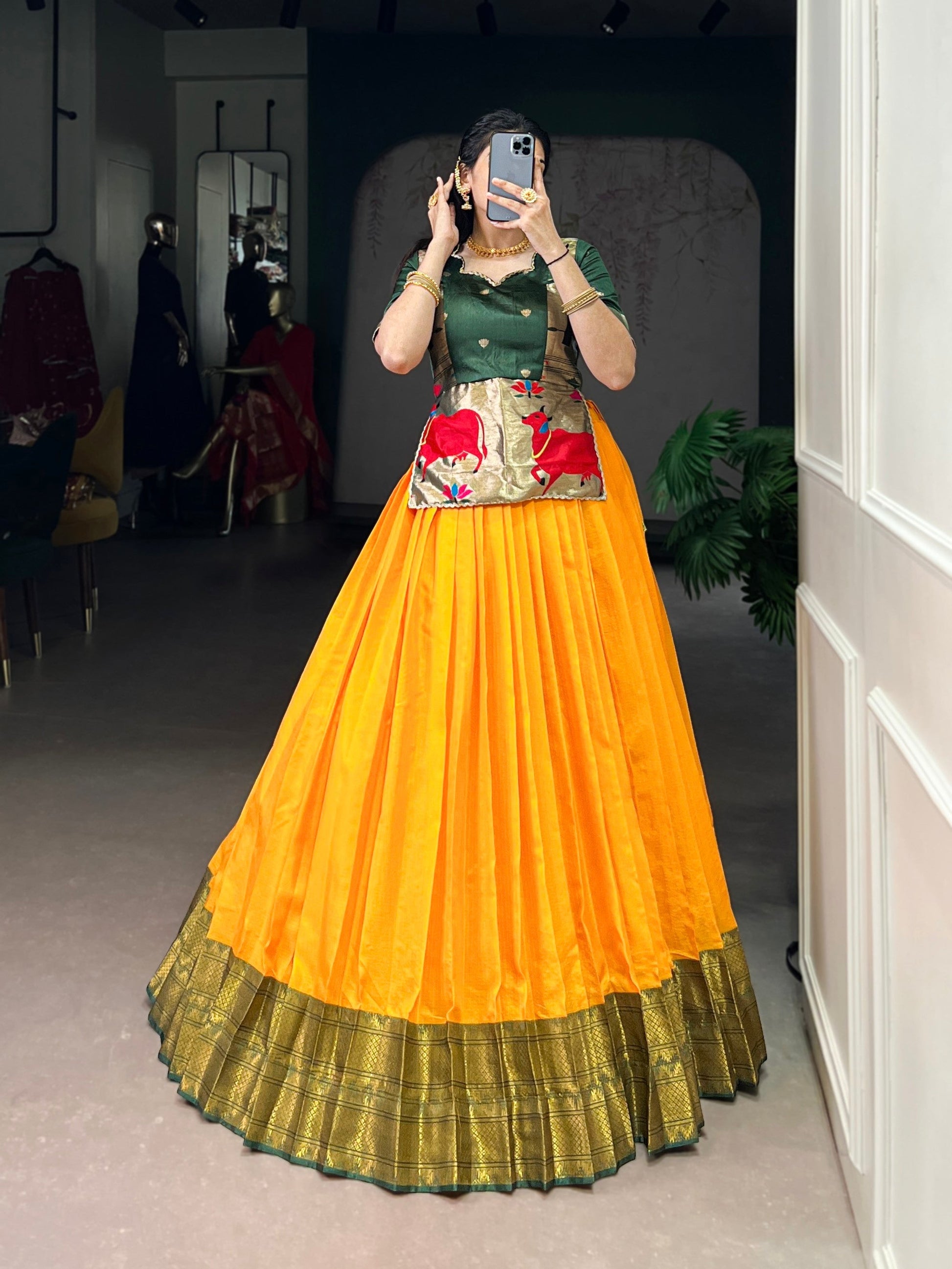 Lorenvalley Fashion Mustard Cotton Silk Zari Weaving Work Lehenga Choli 