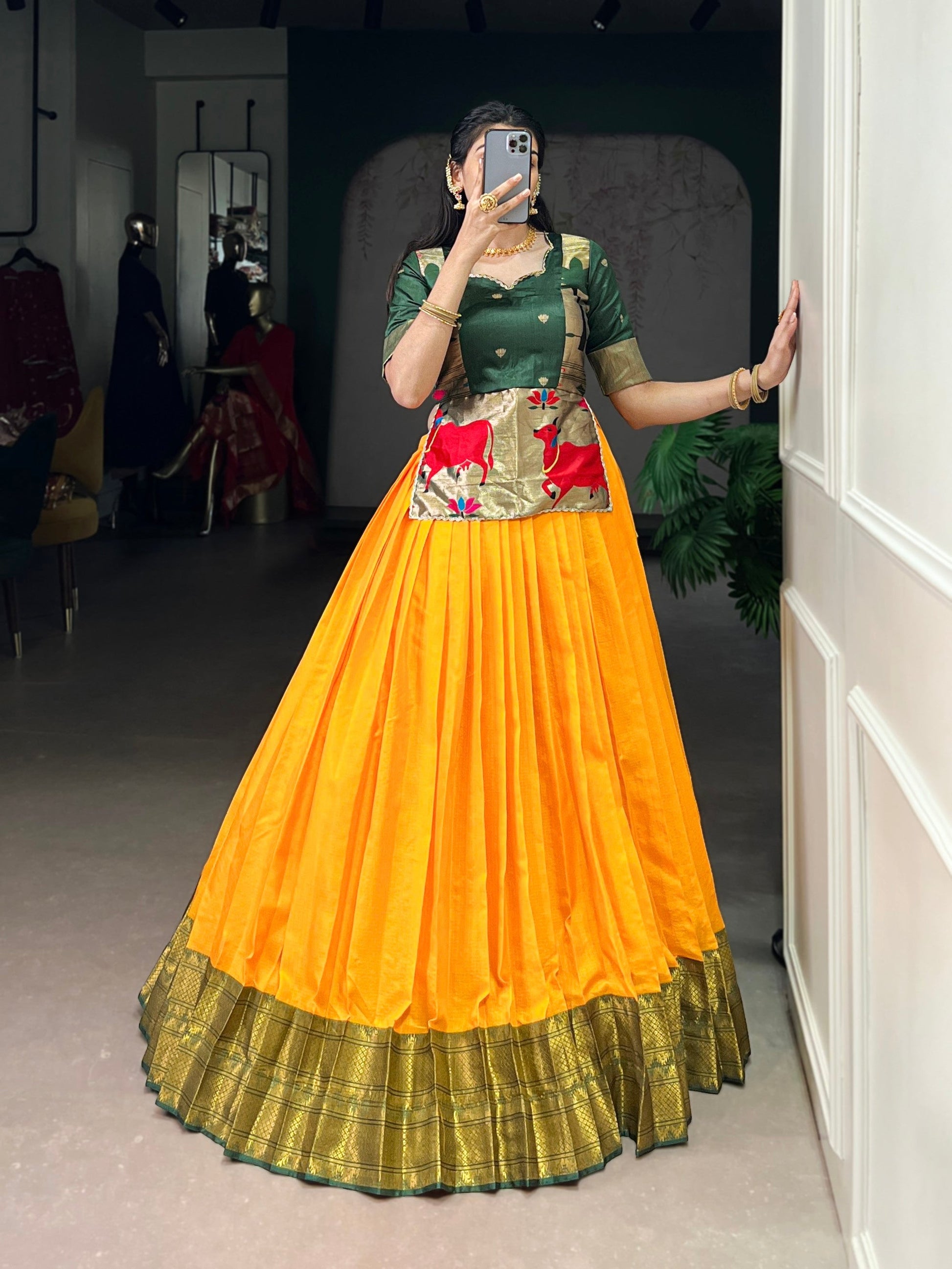 Lorenvalley Fashion Mustard Cotton Silk Zari Weaving Work Lehenga Choli 