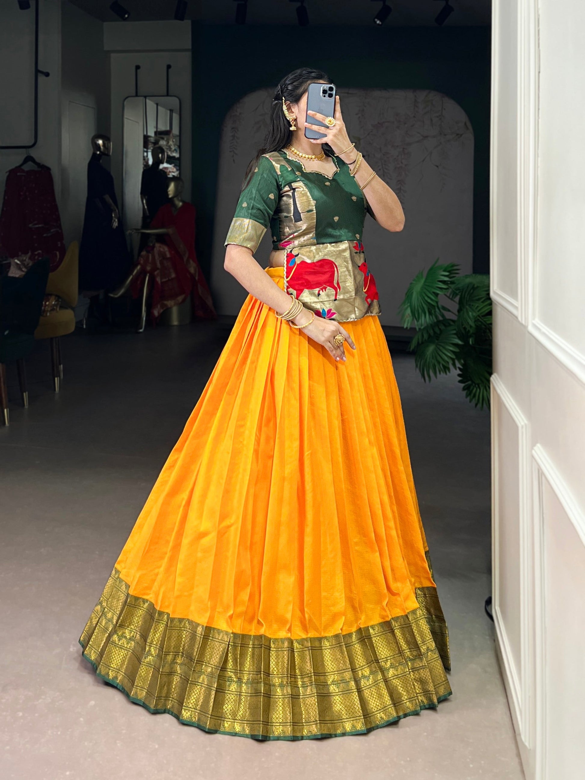 Lorenvalley Fashion Mustard Cotton Silk Zari Weaving Work Lehenga Choli 